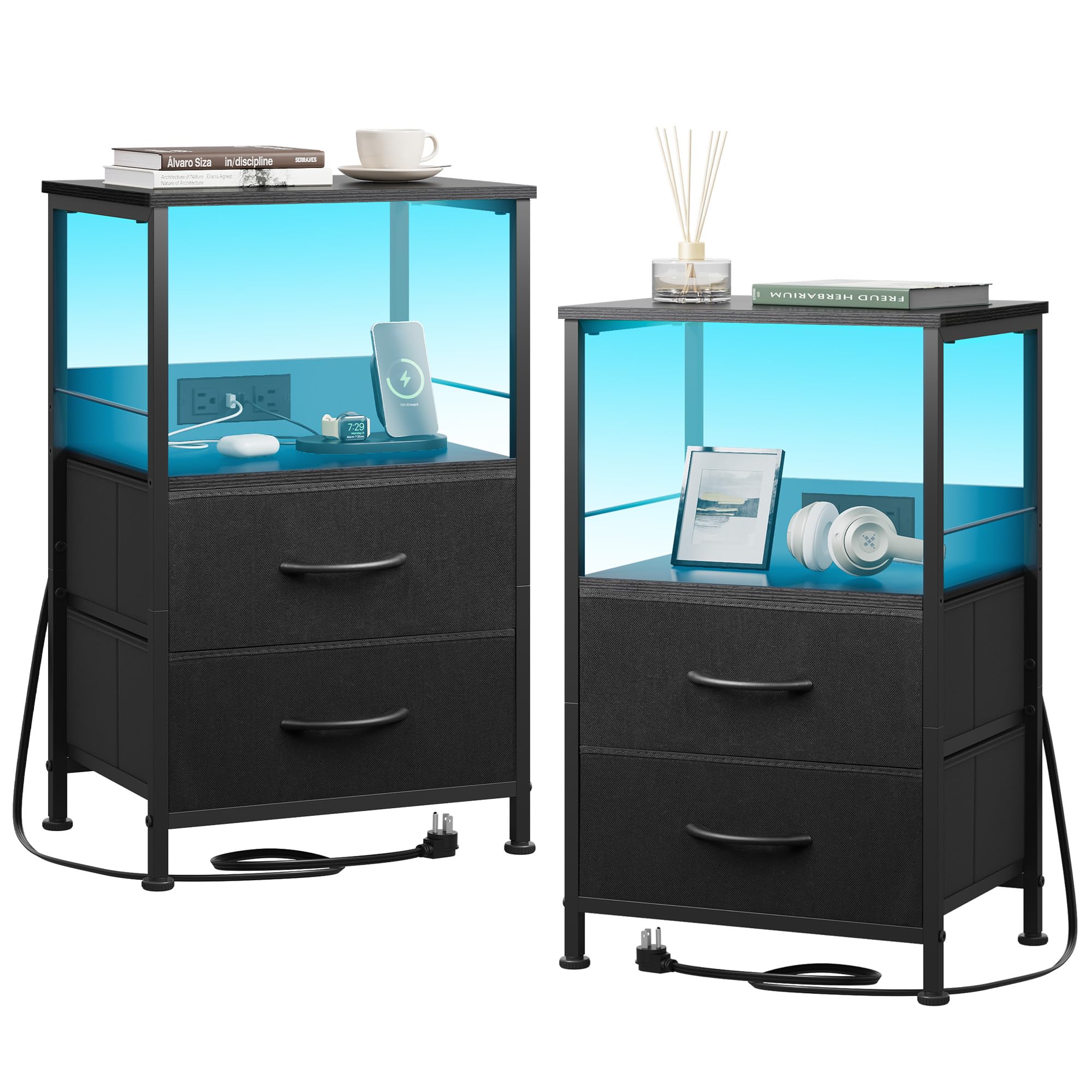WLIVE Night Stand Set of 2 with Charger Station, Black Nightstand Sets with 2 Fabric Drawers and Storage Shelf, LED Bedside Table, Bedroom Small End