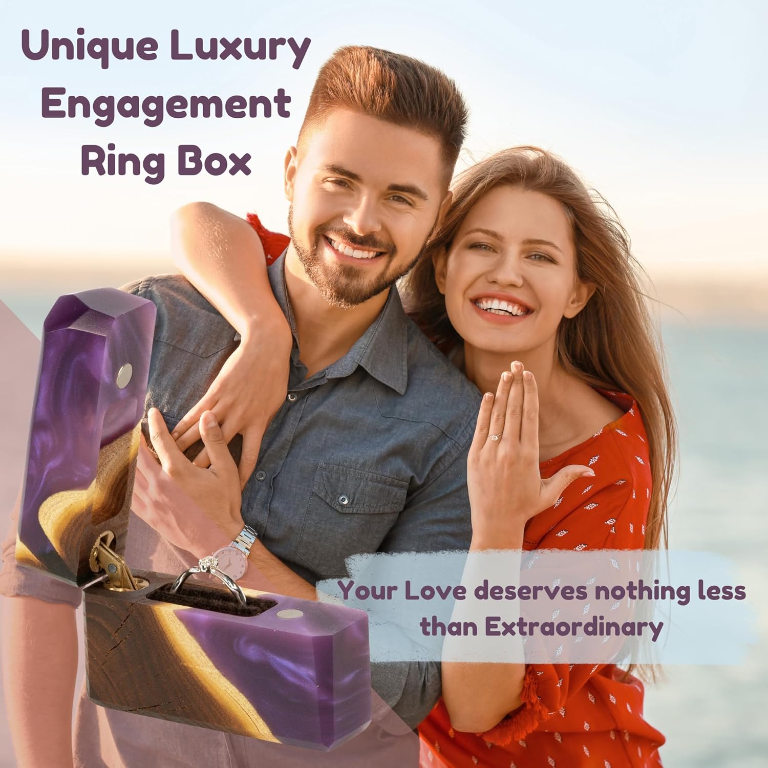 RWA Unique Slim Ring Boxes Engagement Ring Box for Proposal Wooden Epoxy Mini Jewelry Box Display Case, Engagement Ring Holder for Wedding Ceremony Travel Vintage Ring Box FLASH, purple dark - Image 2