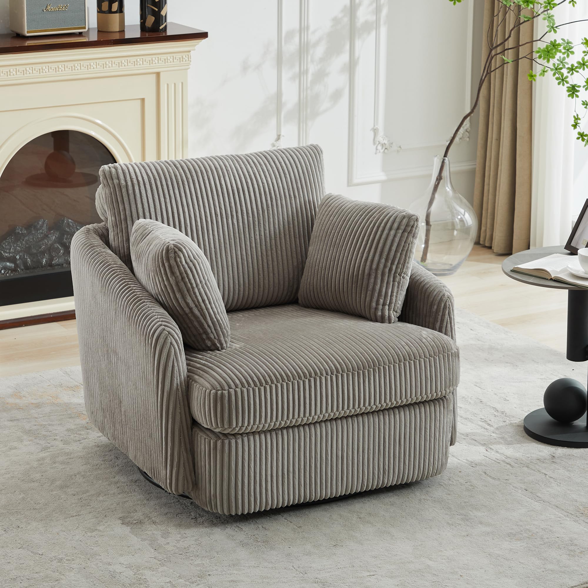 Swivel Accent Chair 40.55 W Gray Corduroy 360 Degree Round Oversized Club Chair with 2 Throw Pillows Removable Cushions Metal Base for Living Room Bedroom Lounge
