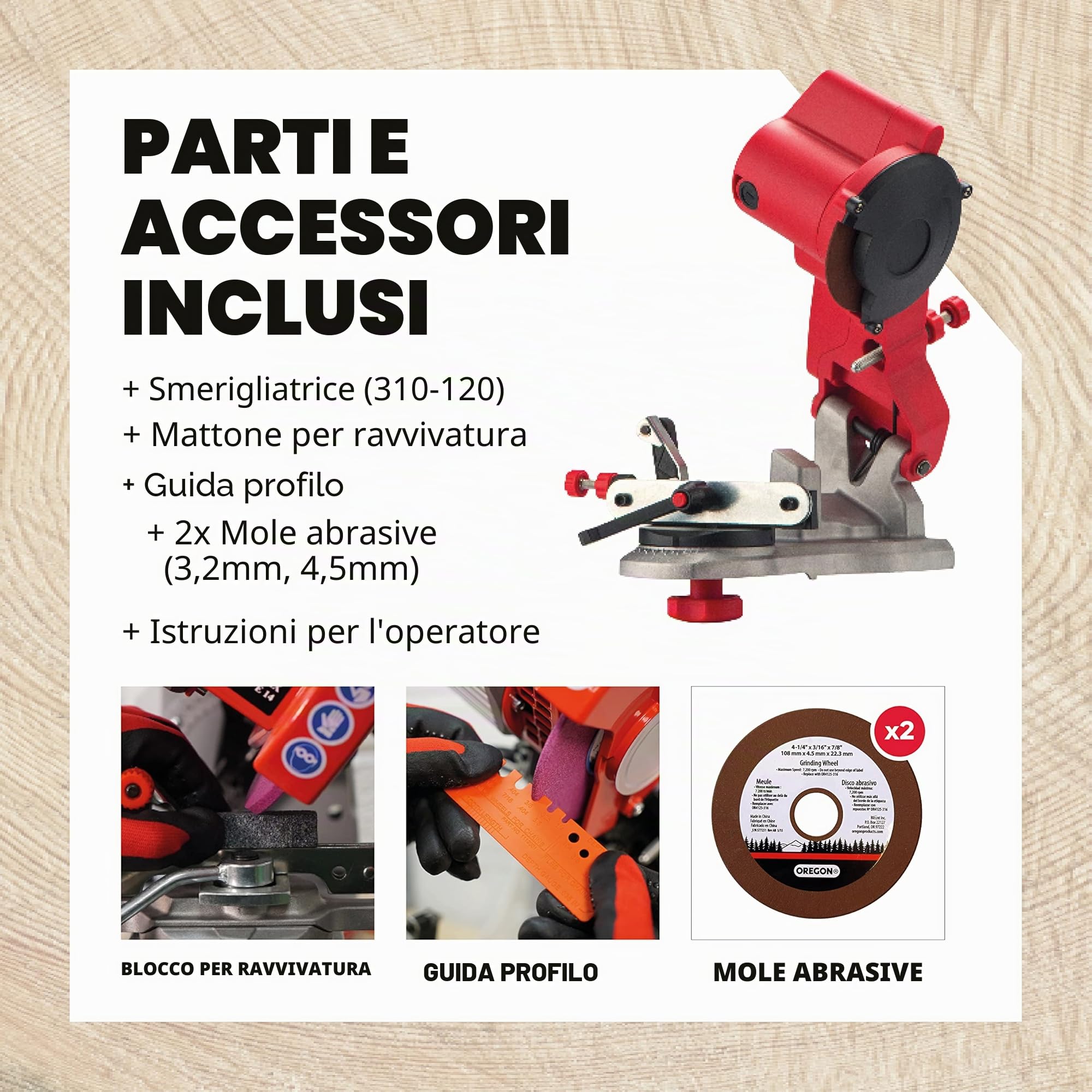 Oregon Mini Smerigliatrice Compatta da 230 Volt, Affilatrice Universale da Motosega, per Tutti i Tipi di Catena fino ad un Passo di 0,404", 2 Dischi Abrasivi Inclusi (310-230)