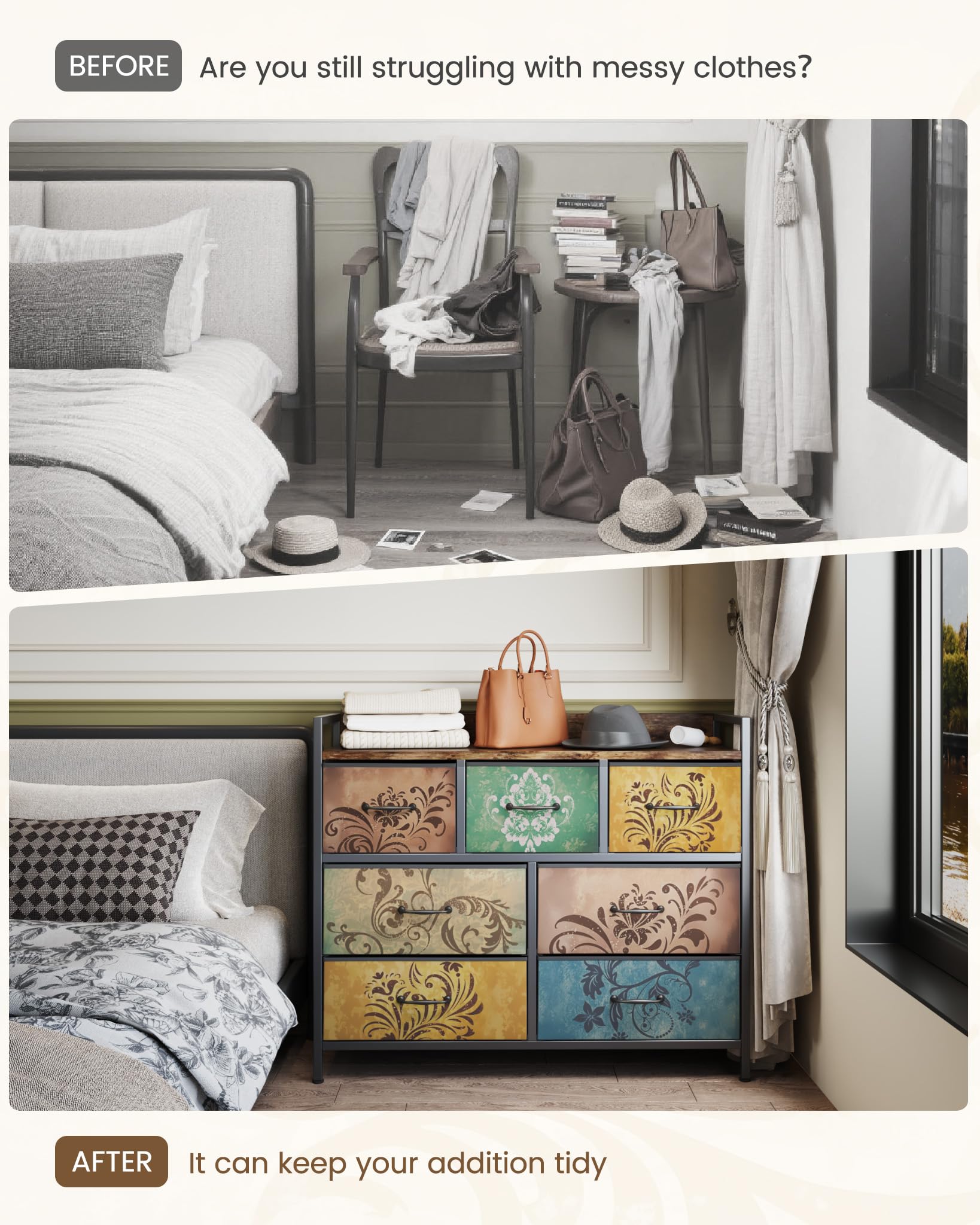 Mondeer Kommode mit 7 Schubladen, Schubladenschrank aus Vintage-Blumenmotiv Stoff Metallrahmen Rustikales, für Wohnzimmer Schlafzimmer Flur, 30 x 99 x 84 cm, Vintagebraun