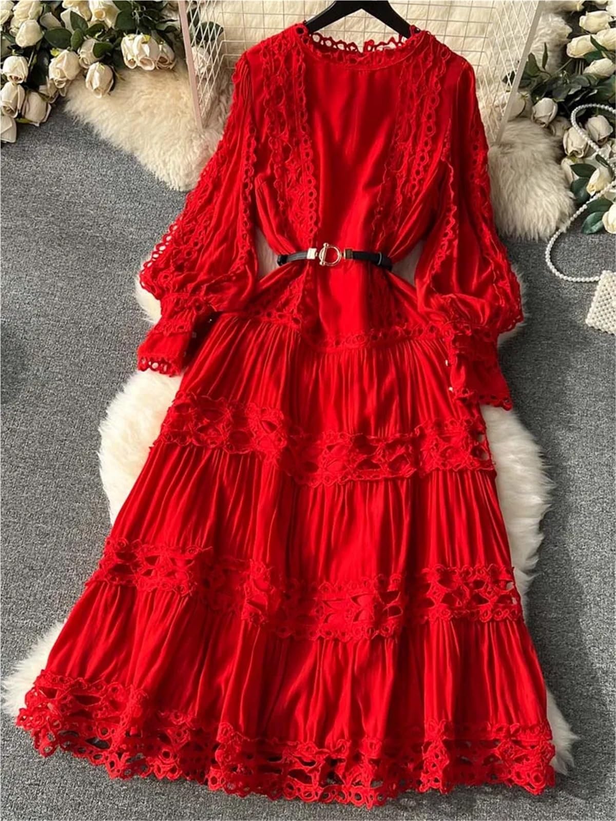 Abito da strega vintage Abito lungo con maniche a sbuffo da donna Abiti svasati patchwork di pizzo cintura Solido