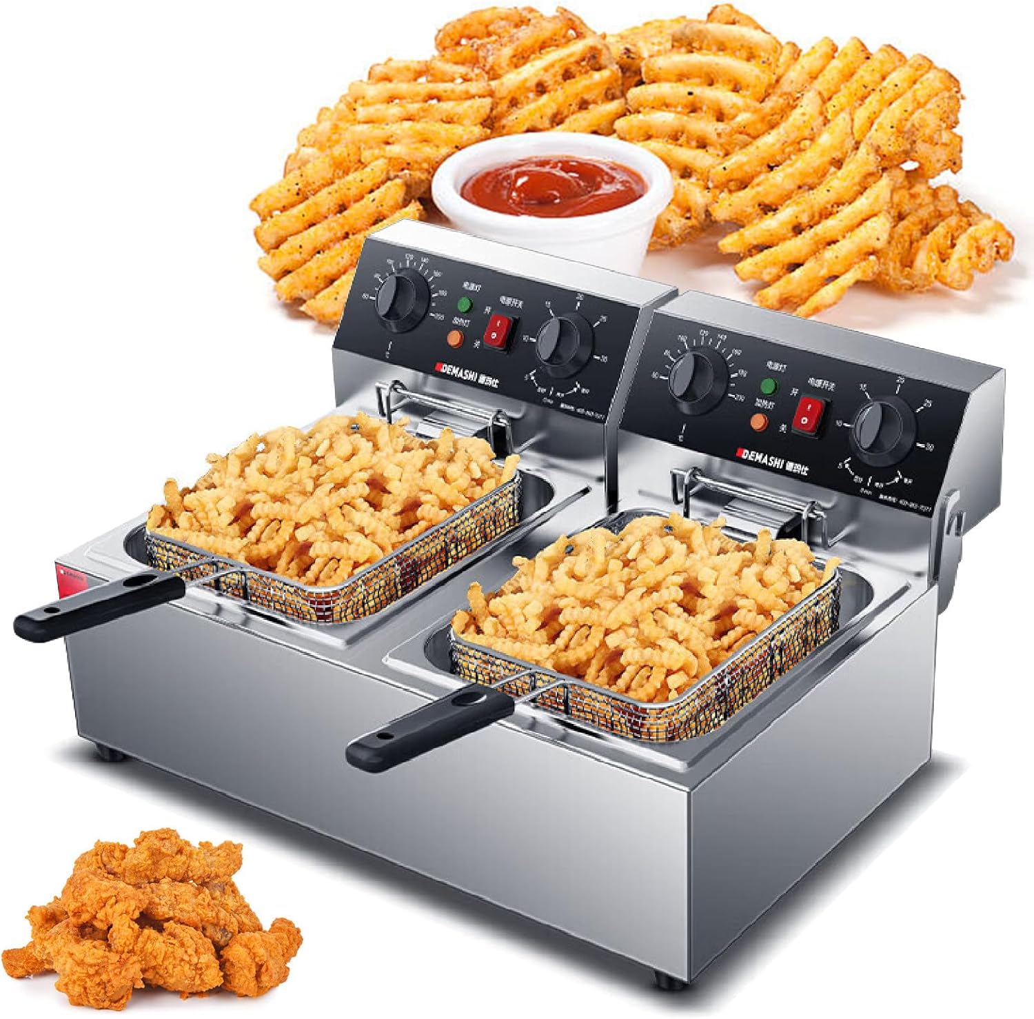 3000W Dual Tank Deep Fryer with Timer & Temp Control, 2 Stainless Steel Baskets, Commercial Electric Deep Fryer with Overheat Protection,220V