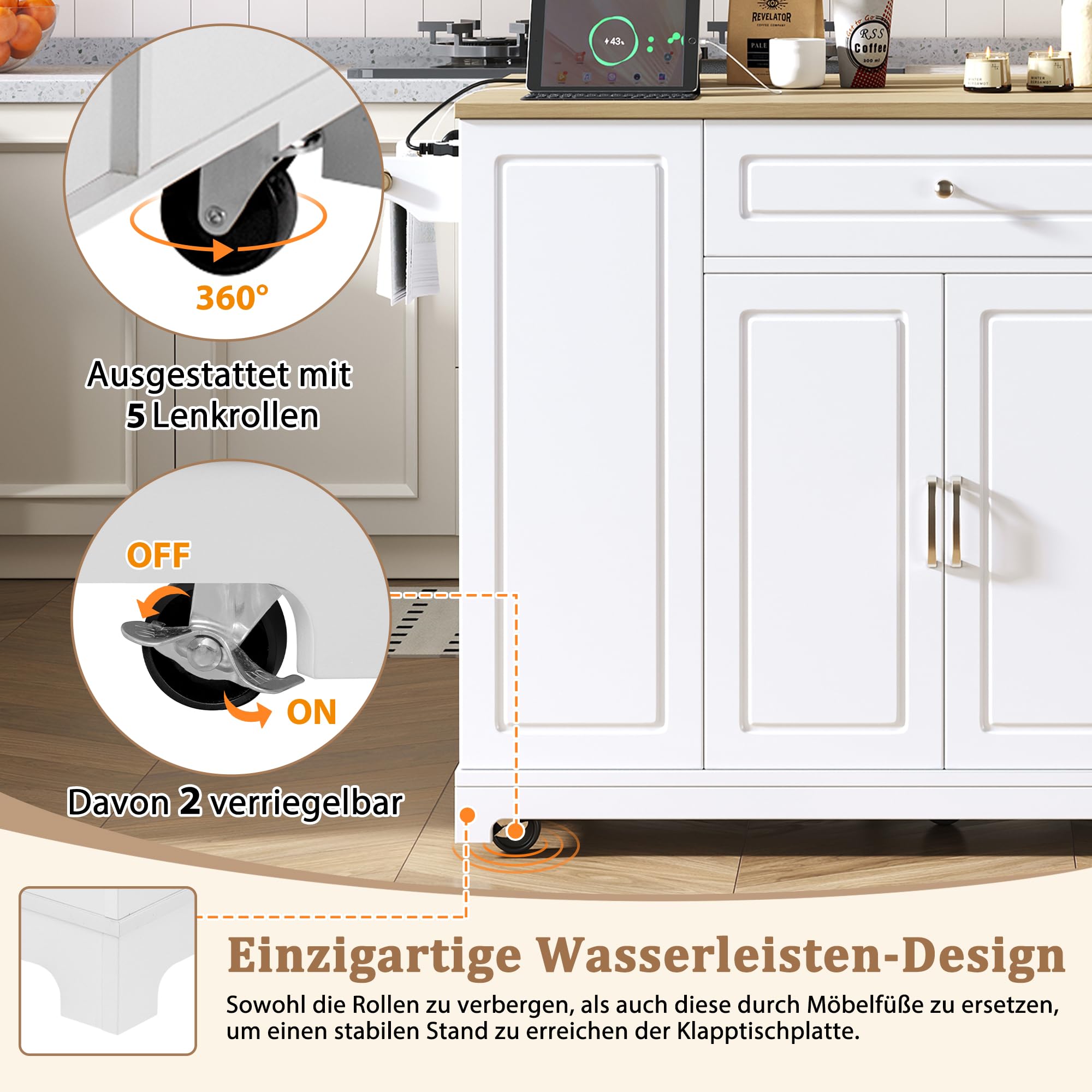 Kücheninsel mit Rollen & ausziehbarer Tischplatte, Mobile Kücheninsel mit Steckdosen, Schubladen & Abfalltrennsystem, Platzsparender Küchentrolley für kleine Küchen & Esszimmer (Weiß)
