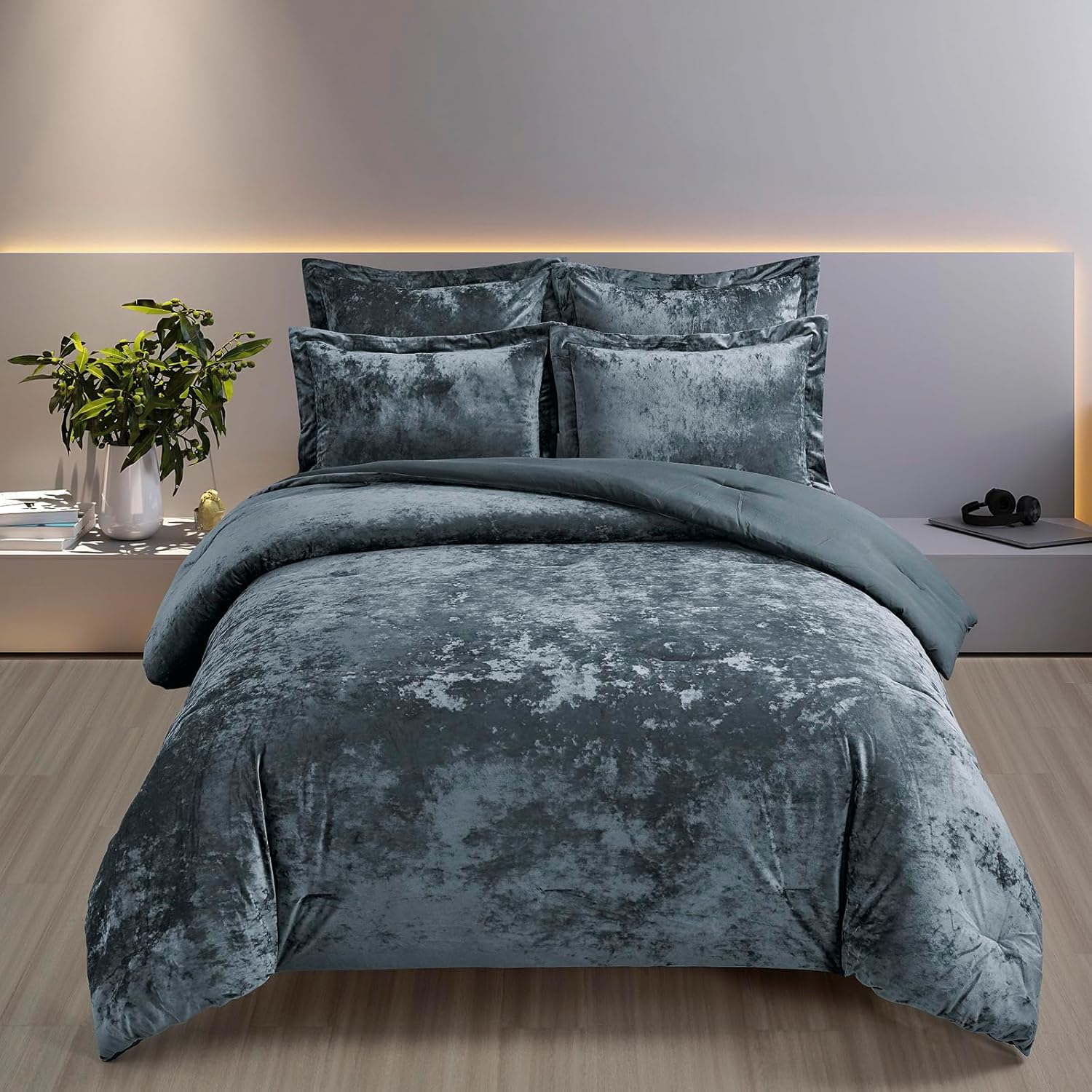 fredsure distressed velvet comforter set, 5 pieces smoke blue king, distressed velvet face and brushed microfiber reverse king smoke blue