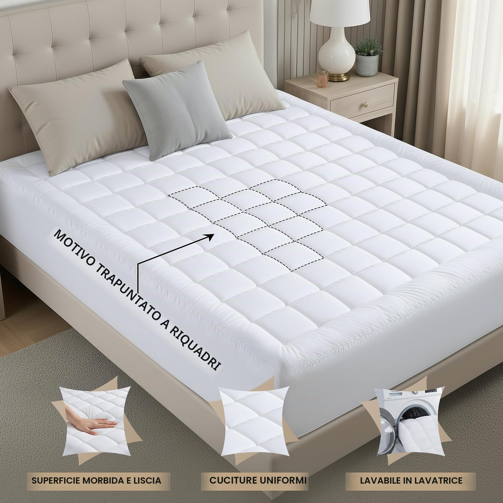 Premium materasso imbottito, Poliestere e misto poliestere, White, Queen