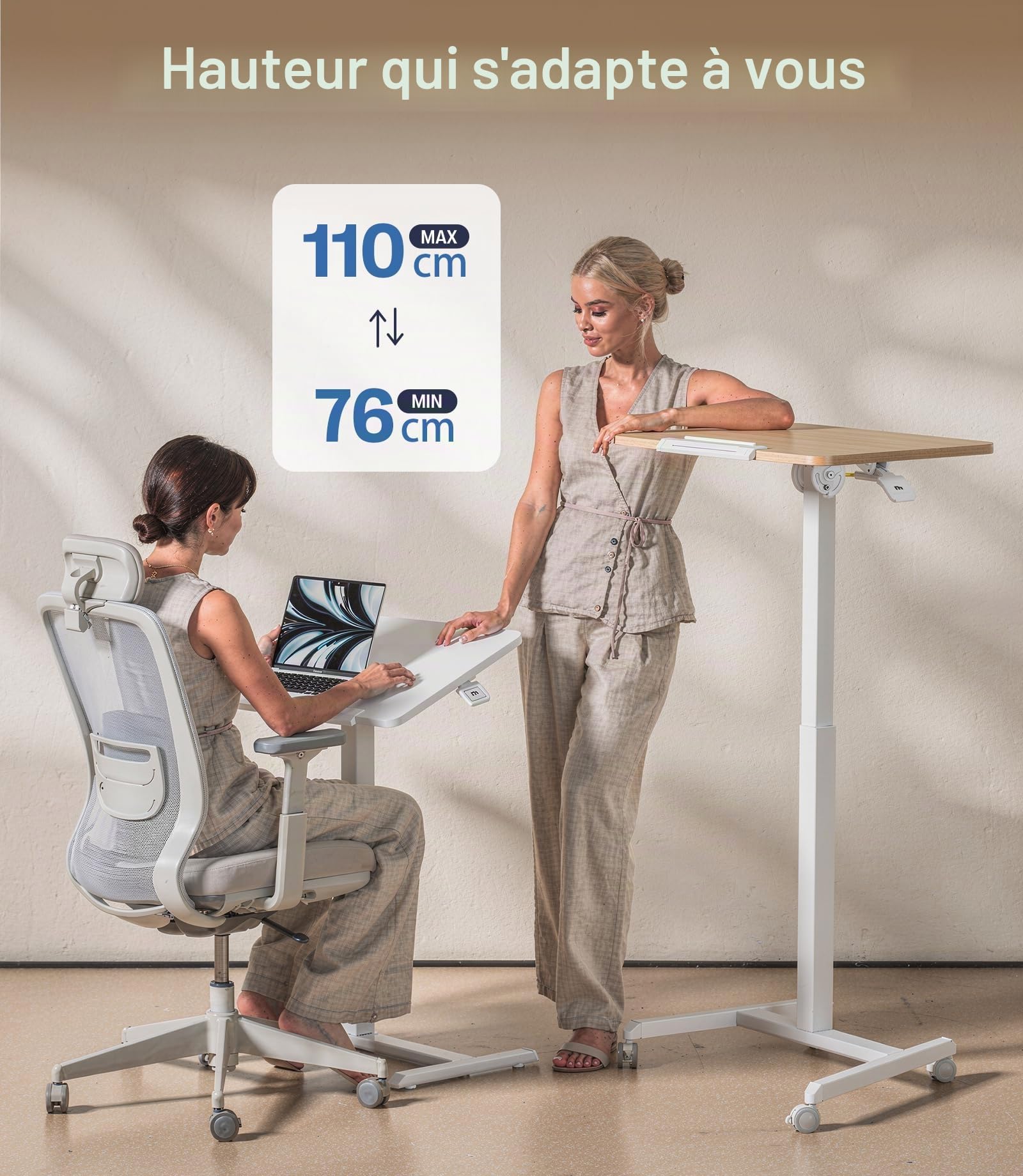 MAIDeSITe Table d’appoint Mobile avec roulettes, réglable en Hauteur 76–110 cm, Plateau inclinable Pliable, Table pour Ordinateur Portable, Bureau Assis-Debout pour télétravail et Maison（Chêne）