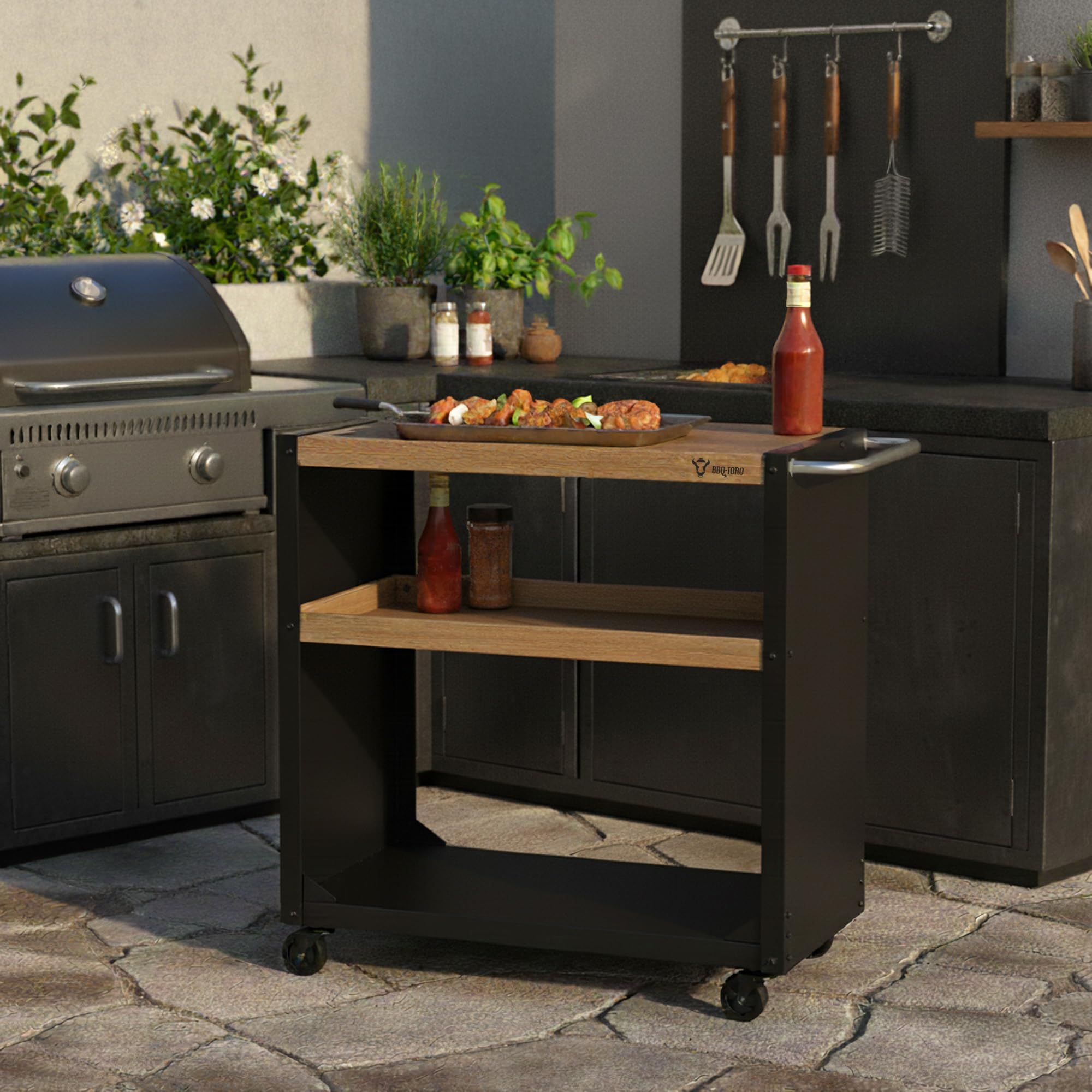BBQ-Toro Carro de barbacoa 95 x 50 x 90 cm, Mueble con Ruedas | negro con aspecto de madera | mesa de barbacoa con gran superficie de trabajo | mesa auxiliar para barbacoa al aire libre