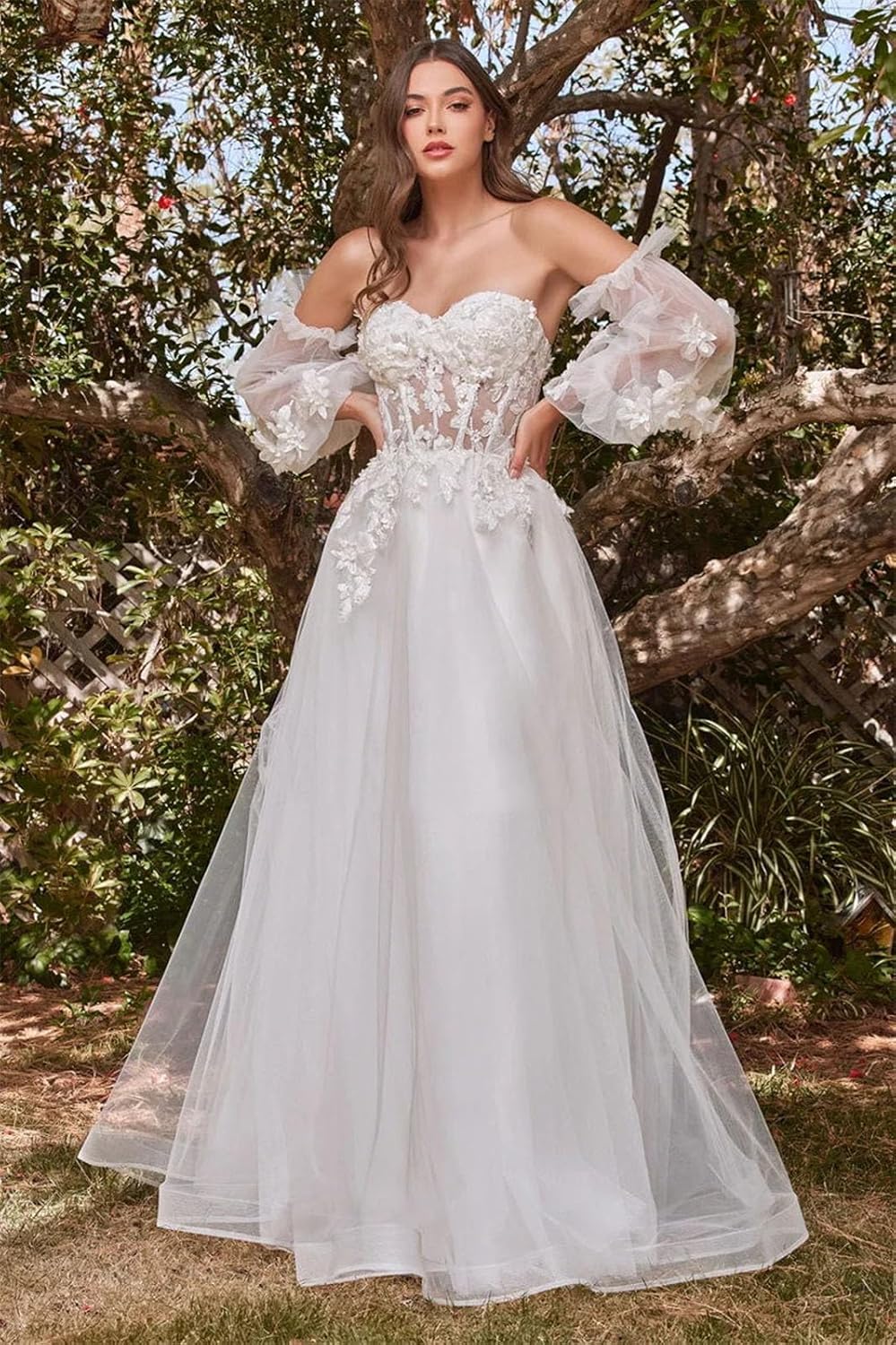 Women's Flowers Sweetheart Wedding Dresses Long Puffy Sleeves A Line Tulle Lace Applique Romantic Bridal Gowns