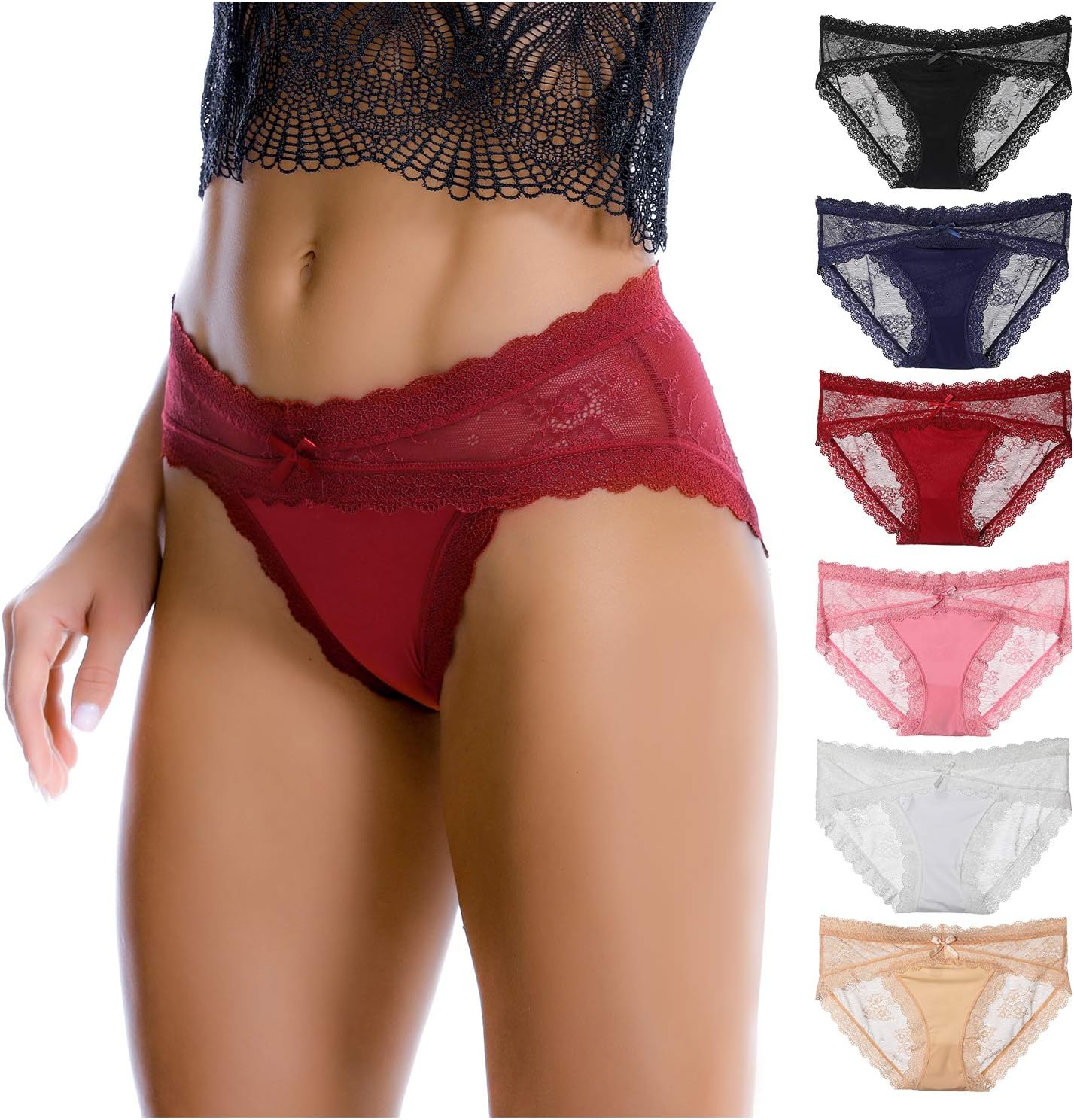 LevaoWomen Lace Underwear Sexy Breathable Hipster Panties Stretch Seamless Bikini Briefs 6 Pack