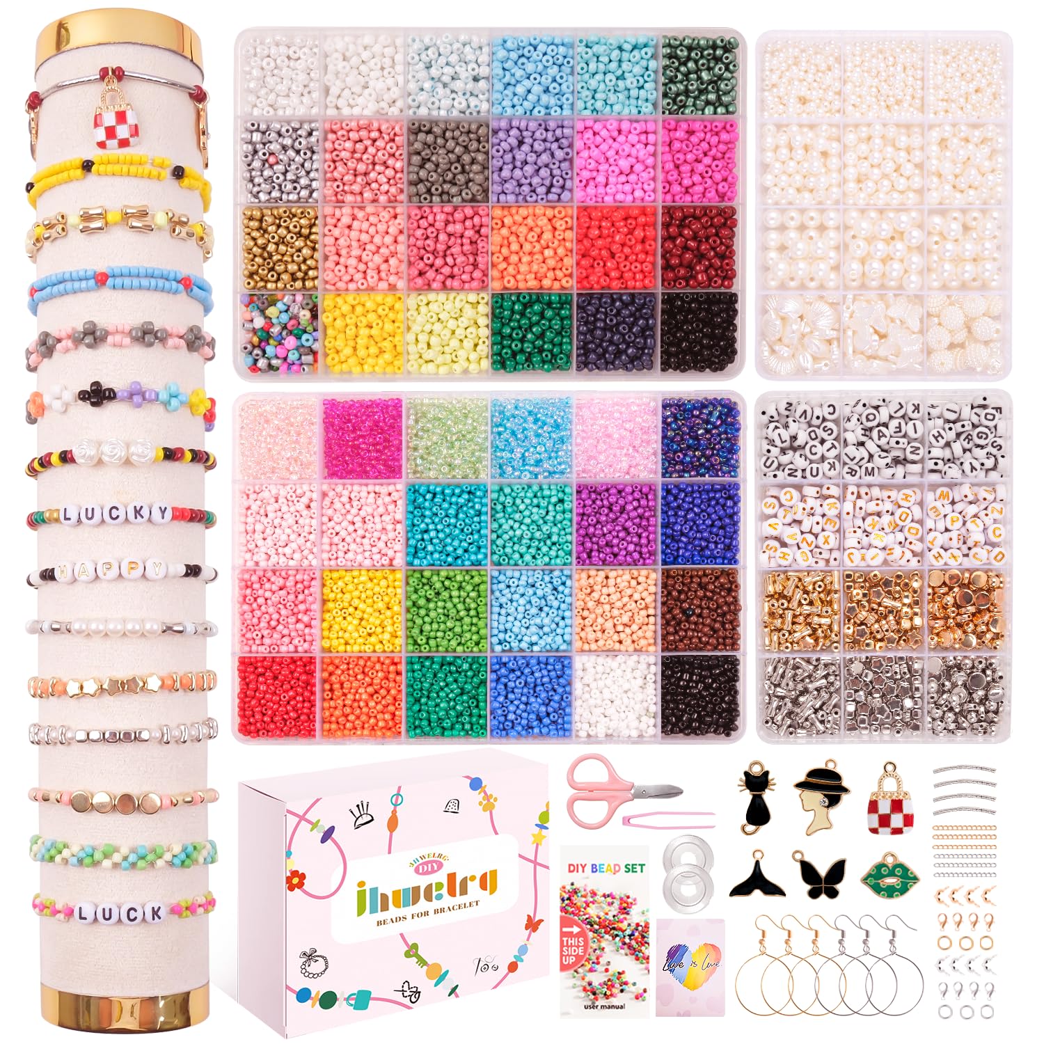 JHWELRG Selber Machen Perlen für armbänder Perlen Set 3mm,16200 Stück 48 Farbe Matte Glasperlen mit Buchstaben Perlen zum Auffädeln, Geschenkidee für Weihnachten Feiertage Geburtstage Belohnungen