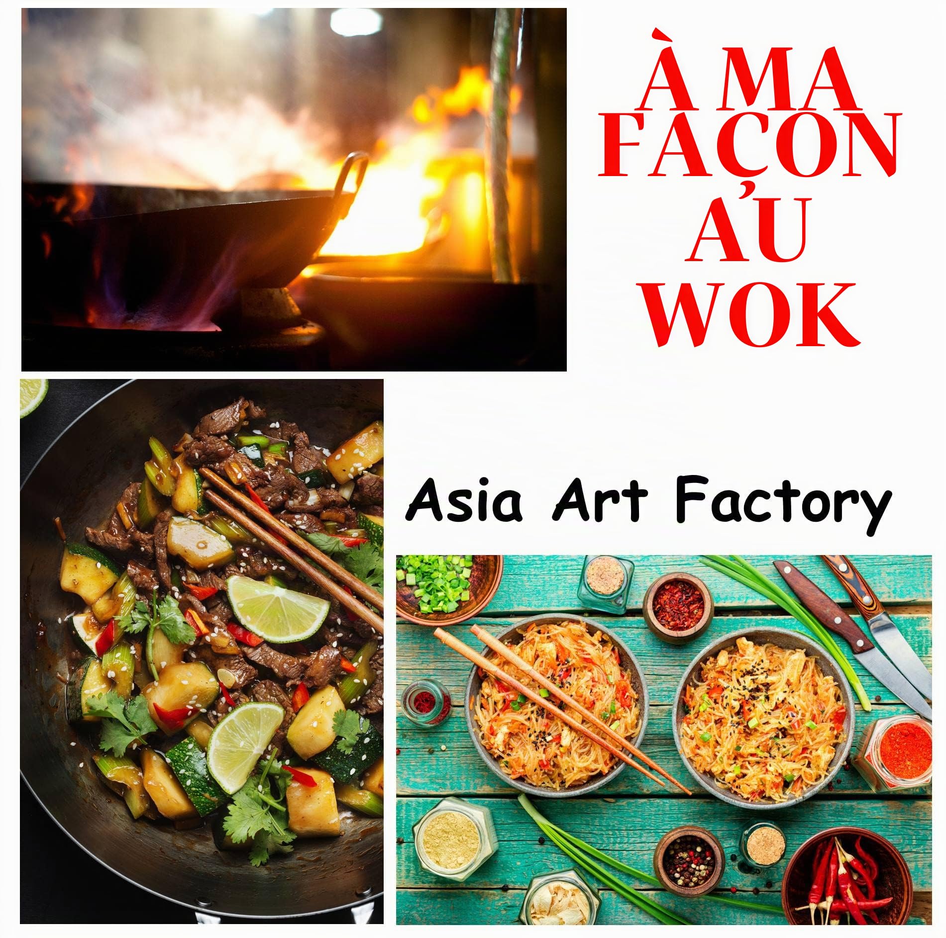 Wok Set Poêle à gaz et à induction Ø 40 cm Fond rond en acier carbone + louche wok en acier inoxydable 44 cm de long avec manche en bois