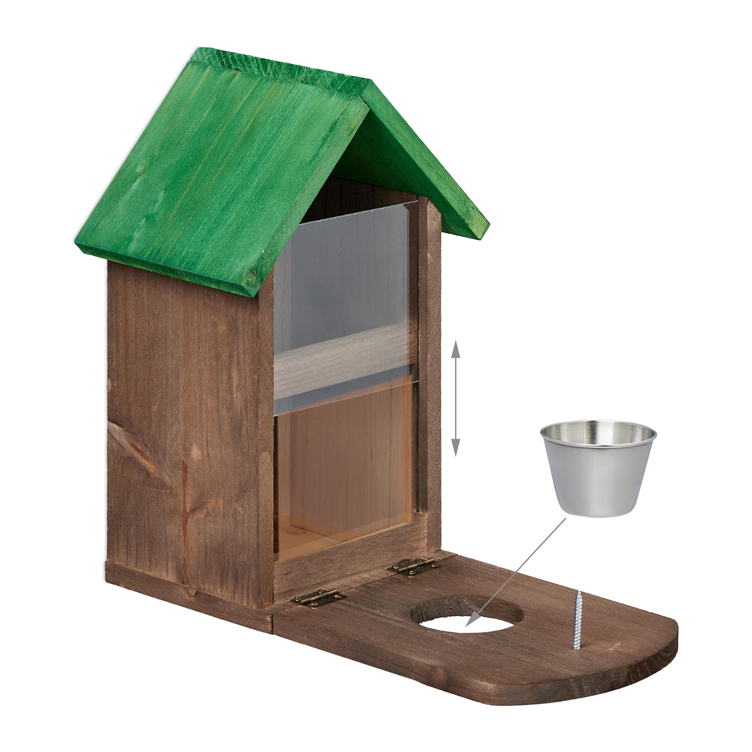 Relaxdays Mangiatoia per Scoiattoli, Casetta in Legno da Appendere, con Ciotola Acqua, HLP 28x17x28,5 cm, Marrone Verde