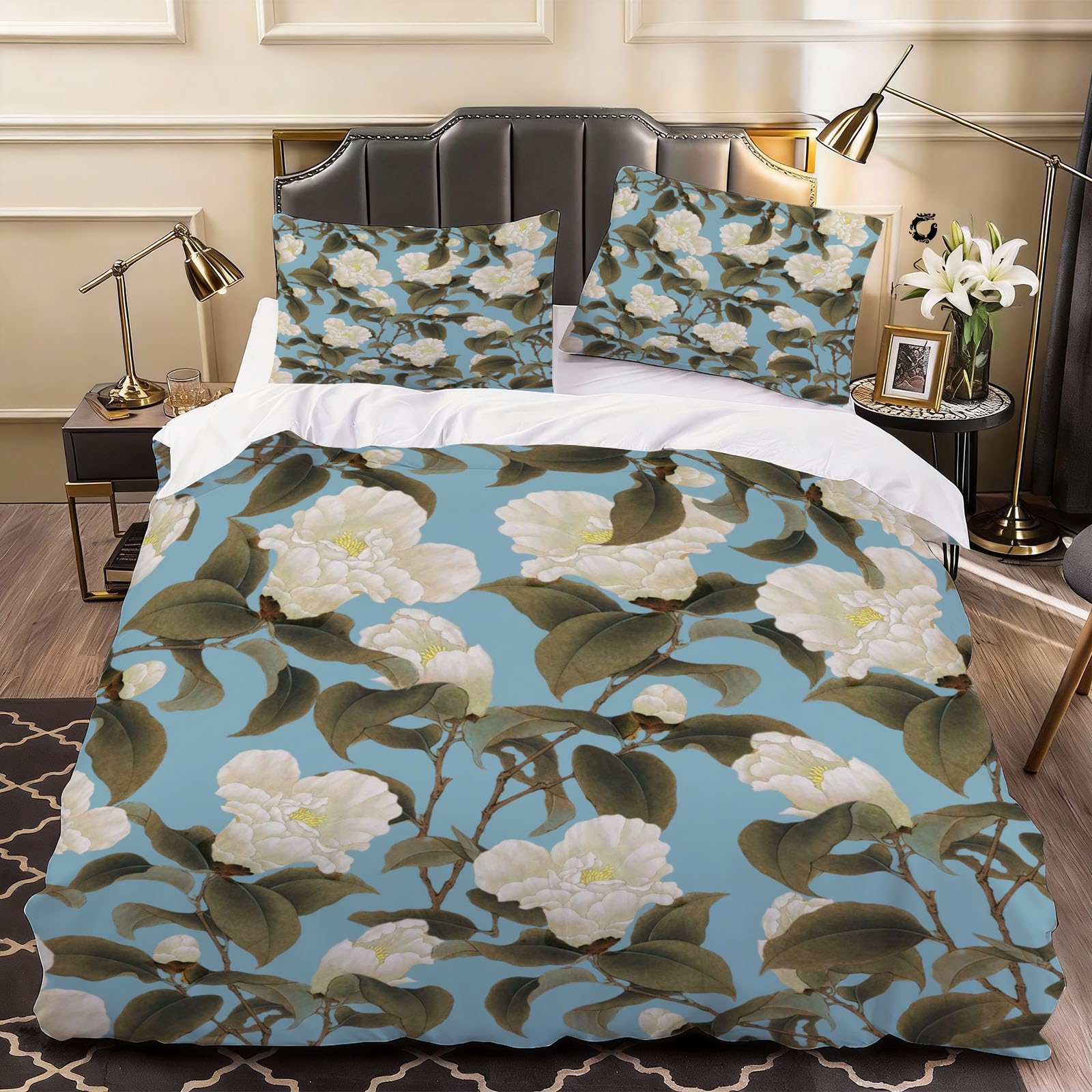 3D Blossom Flowers Duvet Cover Chic Bedding Single Bed Set, Soft Microfiber Comforter Cover Printed with Zipper Closure Quilt Coverr 135x200 cm and 2 Pillowcases