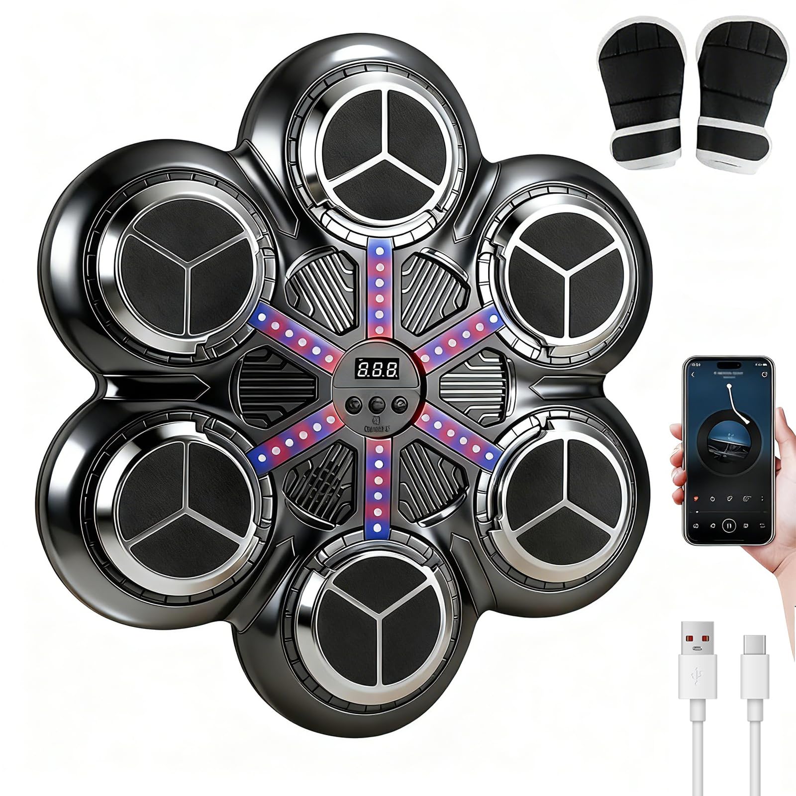 Music Boxing Machine, LED Máquina de Boxeo Electrónica con Guantes De Boxeos, 3 Modos de Entrenamiento, Soporta Bluetooth, Conteo Inteligente, Boxeo Pared Musical para Niños y Adultos