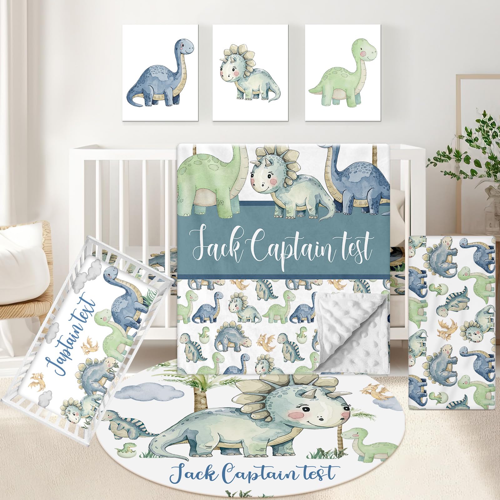 KAINSY Custom Baby Crib Bedding Set, 5 Pcs Personalized Name Green Dino Baby Crib Set for Kid Infant Toddler, Double Layer Customized Present