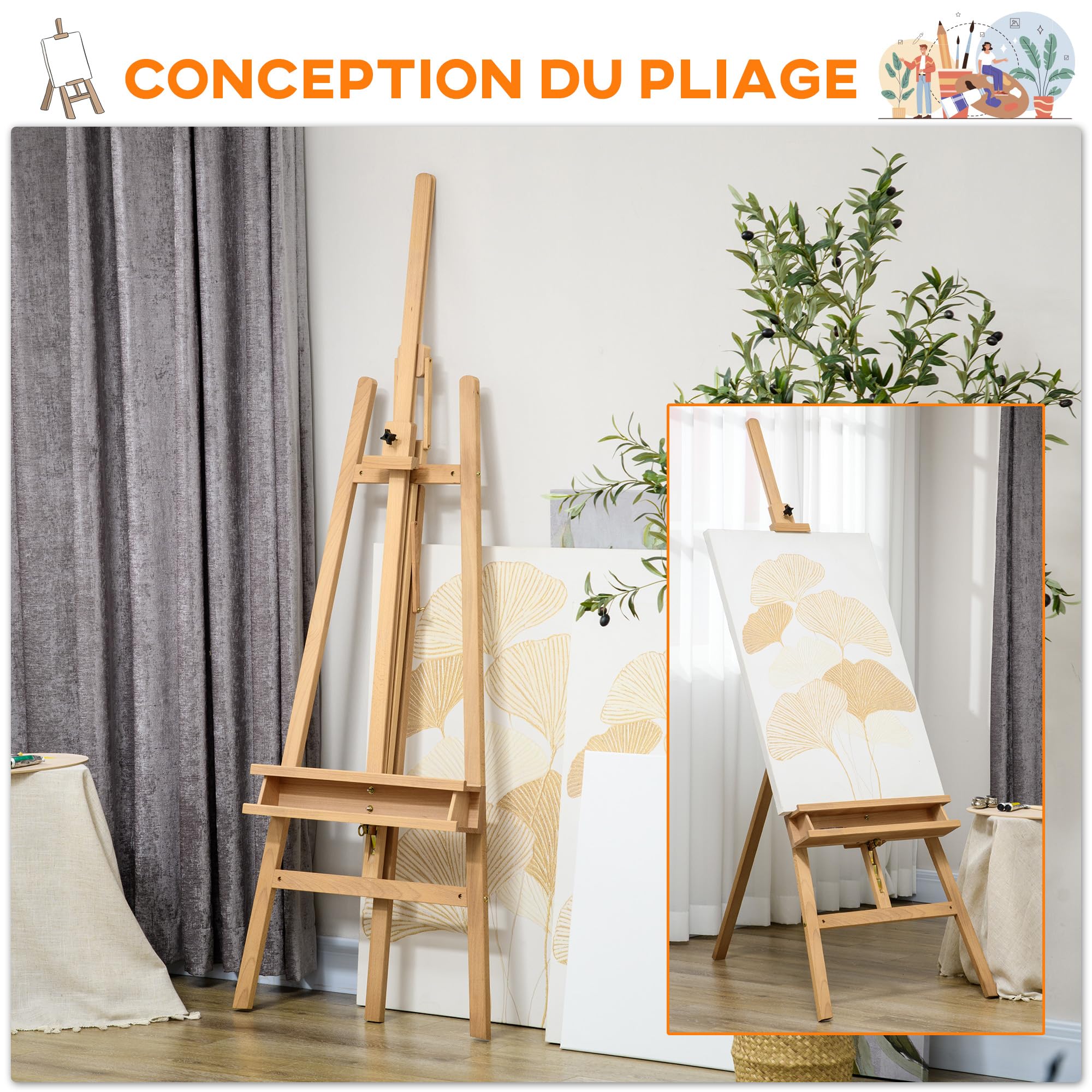 Vinsetto Chevalet de peinture, chevalet d'artiste pliant en bois de hêtre, avec angle et hauteur réglables, 65 x 110 x 180-235 cm, bois naturel