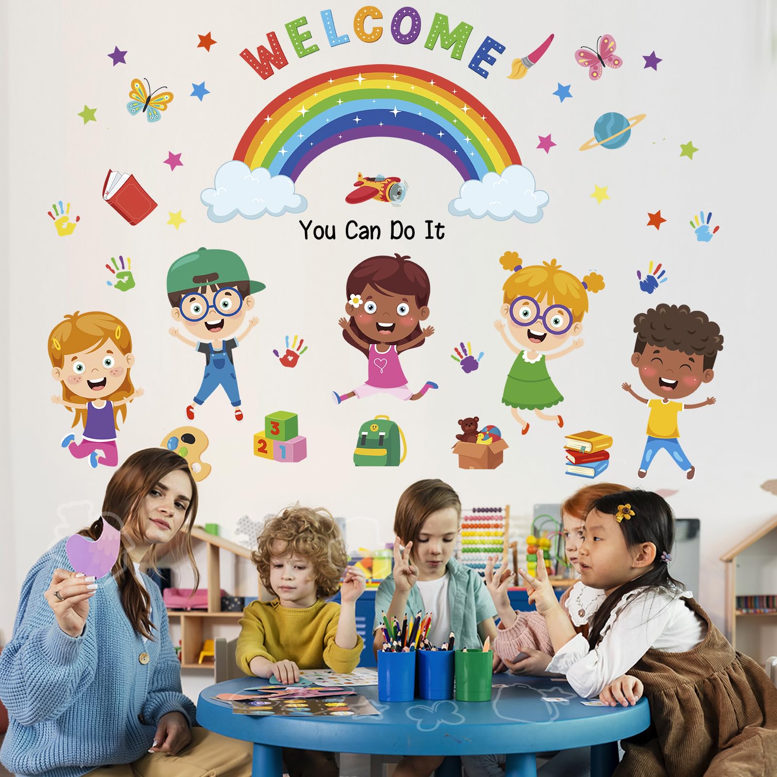 Rainbow Wall Stickers for Kids, “You Can Do It” Quote with Butterflies, Stars & Handprints - Image 4