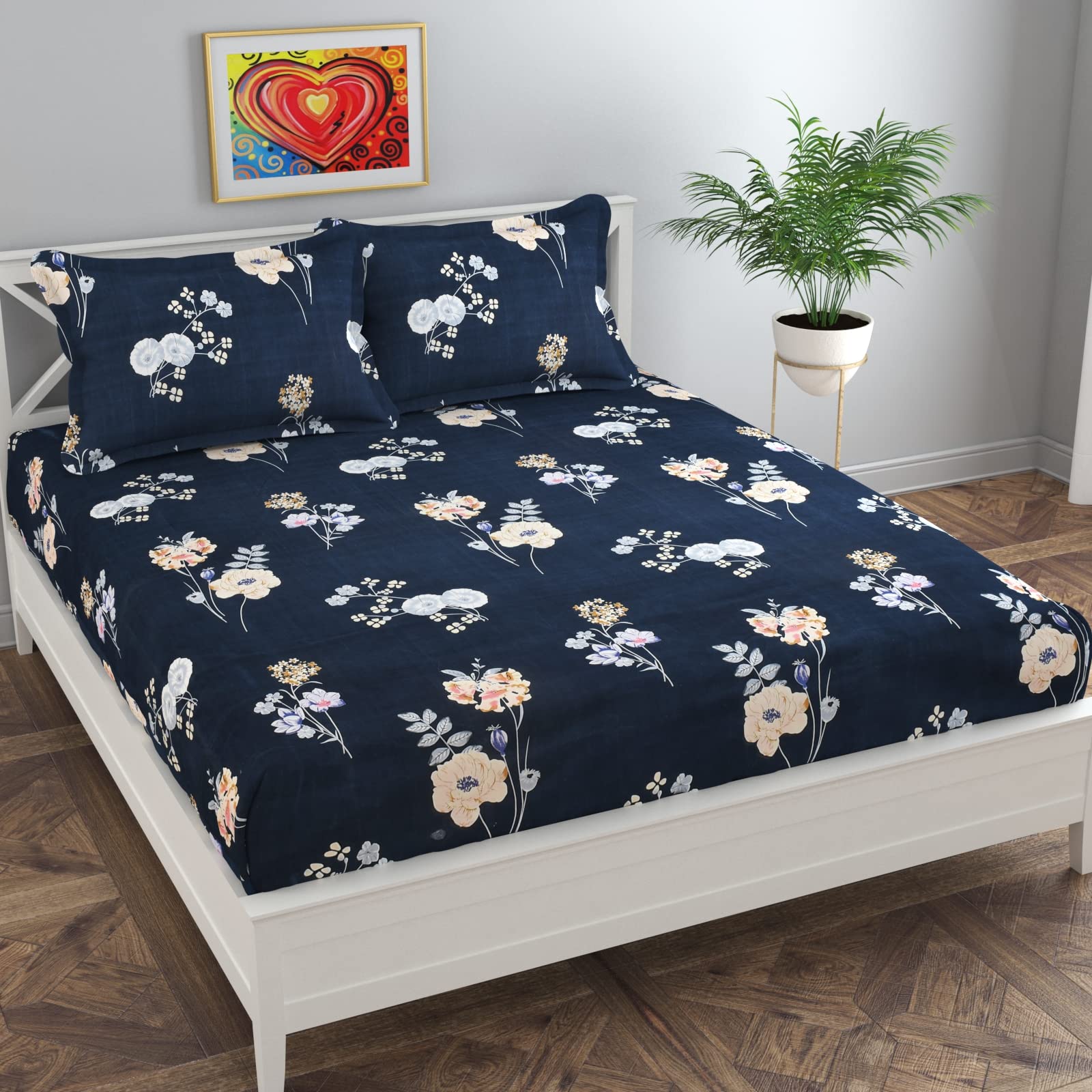 DULCE VIDA Polycotton Floral Bedsheet - 130 GSM Bed Sheet Set for Double Bed with 2 Pillow Covers, Size : 225x240CM, Pillow Covers : 46x69CM (Navy, Double)