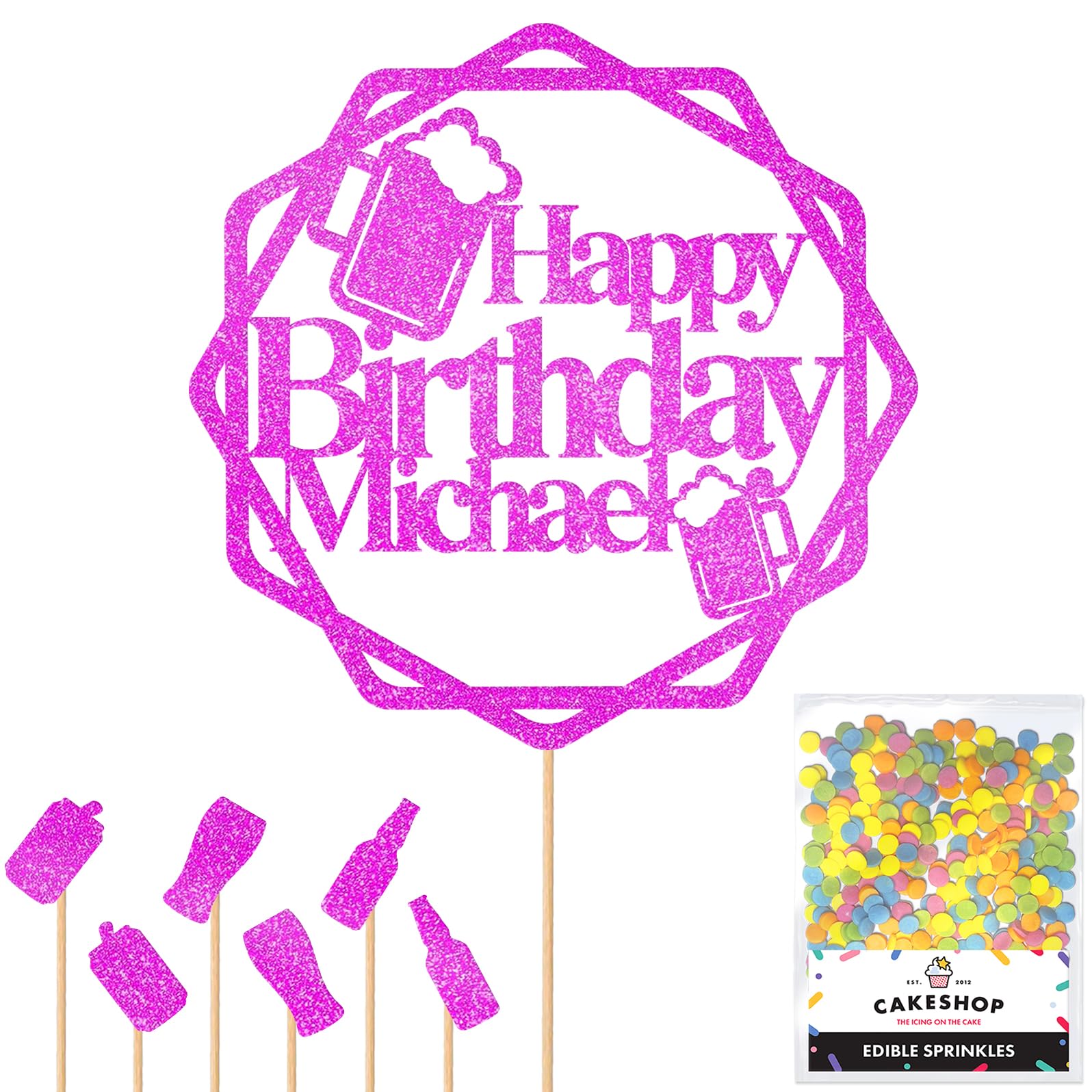 Personalised Cheers Lager Ale Beer Glitter Cake Topper - Pink Custom Age Glitter Cake Decoration and Sprinkles - Happy Birthday Decorations - Personalised Toppers for Cakes by Cakeshop — image 1