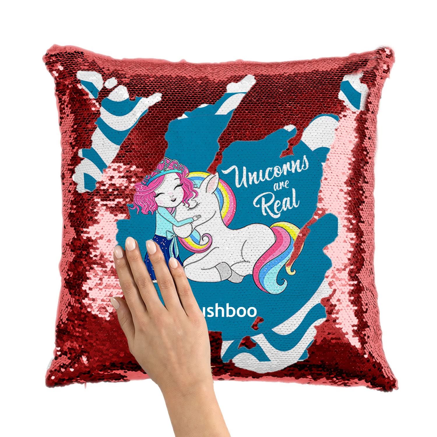 ASHVAH Kushboo Name Unicorn Red Sequins Magic Cushion Cover with Filler - Best Happy Birthday Gift for Daughter, Sister, Gift for Kids, Return Gift - Color - Blue - Size - 16 x 16 inches