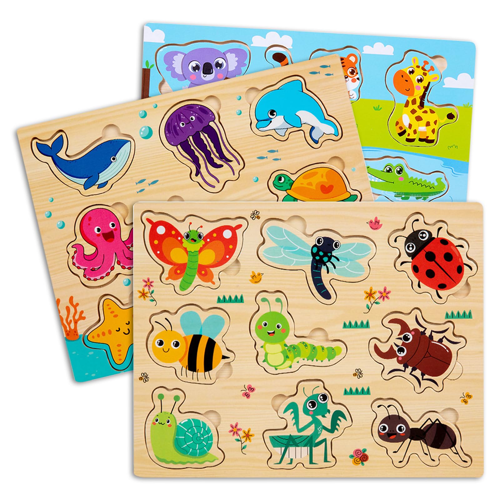 Educational Toys Year Old 1 2 3 Wooden Puzzles, 3 Montessori Toddler Early Games, Brain Development Preschool Learning Gift For Boys & Girls (Animals+Ocean+Insect)