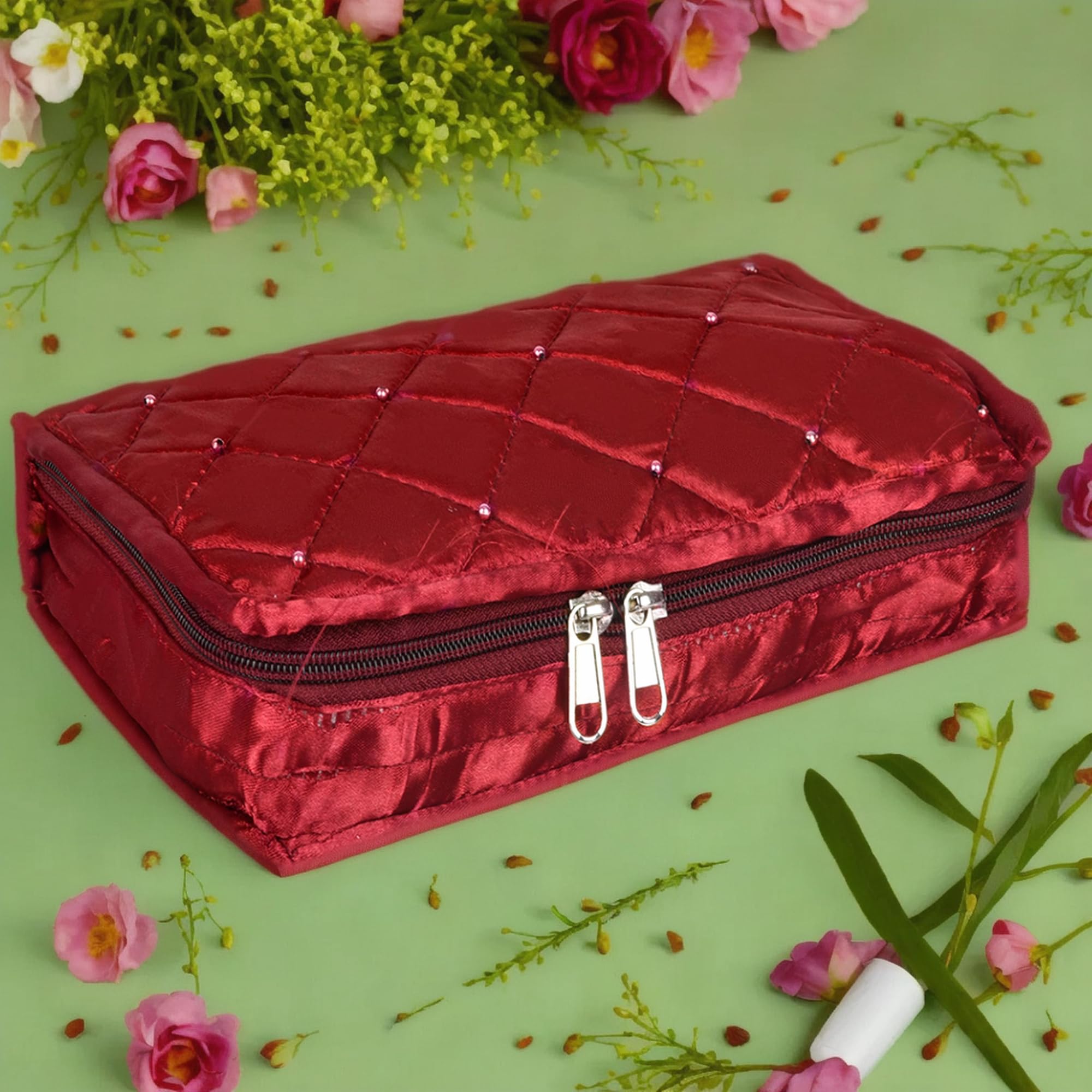 Kuber Industries Makeup Storage Bag | Vanity Organizer | Makeup Pouch | Pendant Organizer | Cosmetic Kit for Travel | 6 Pouch Organizer | Moti Jewellery Organizer | Large | Maroon-image-26