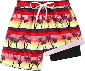 Boys Swim Trunks with Compression Liner Boy Stretch Quick Dry Swim Shorts Kids UPF 50+ Beach Swimsuit 5-10 Years