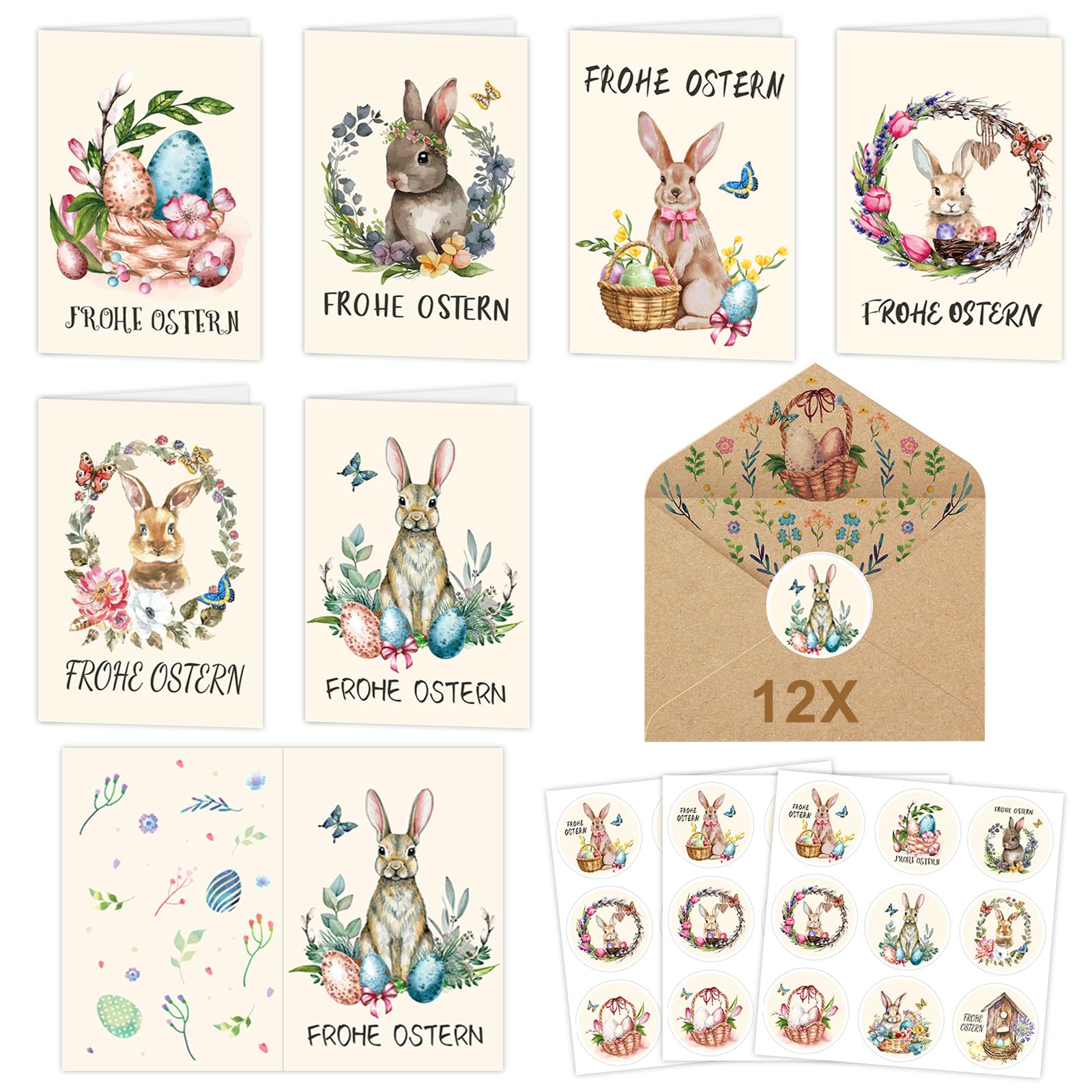 Briefpapier Ostern Osterkarten Set Frühlingszauber - 12 Süße Hasen Karten Mit Umschlägen A6 Format Oster Karten Set