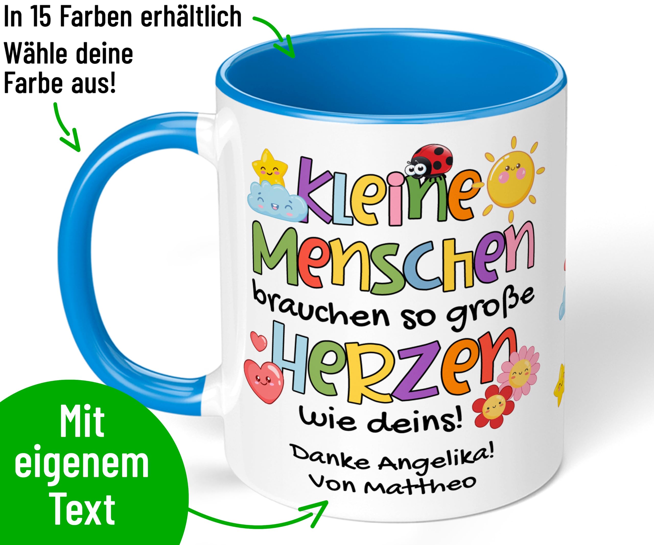 Kita Abschiedsgeschenk für Erzieher: Keramiktasse personalisiert mit Wunschtext „Kleine Menschen brauchen so große Herzen wie deins!“ - Dankeschön Kindergarten Krippe, 330ml (Cambridge Blau)