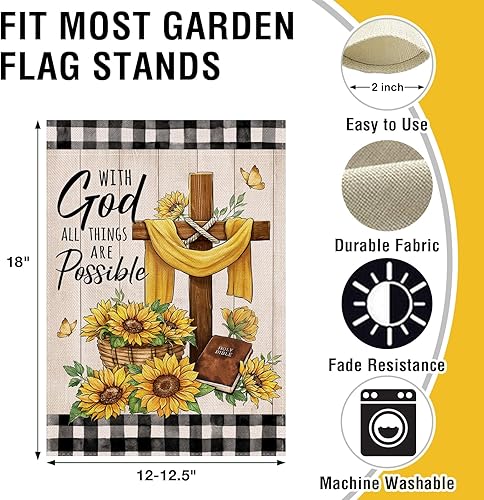 Miniatura 2 de Artofy Bandera decorativa pequeña de Pascua con Dios todas las cosas son posibles, cruz religiosa, girasol, primavera, verano, patio, césped,