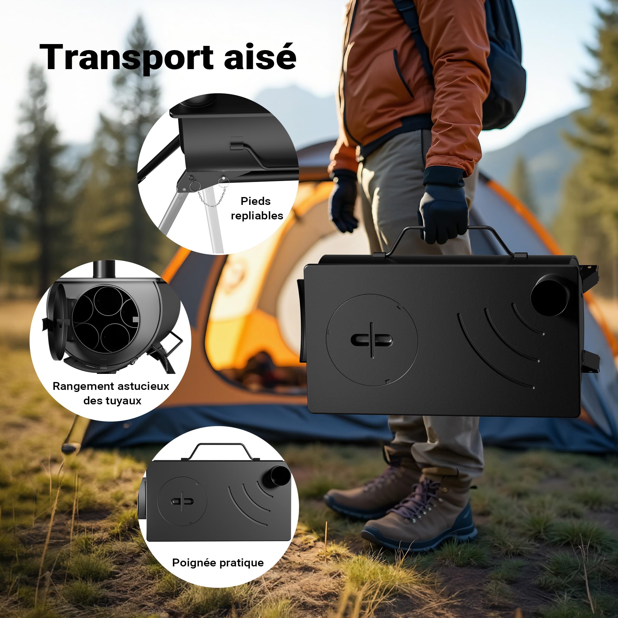 Wiltec Poêle pour tente de camping – 540 x 810 x 2387 mm – Acier doux – Poêle à bois portable et démontable pour randonnée, déplacement, aventures, chauffage