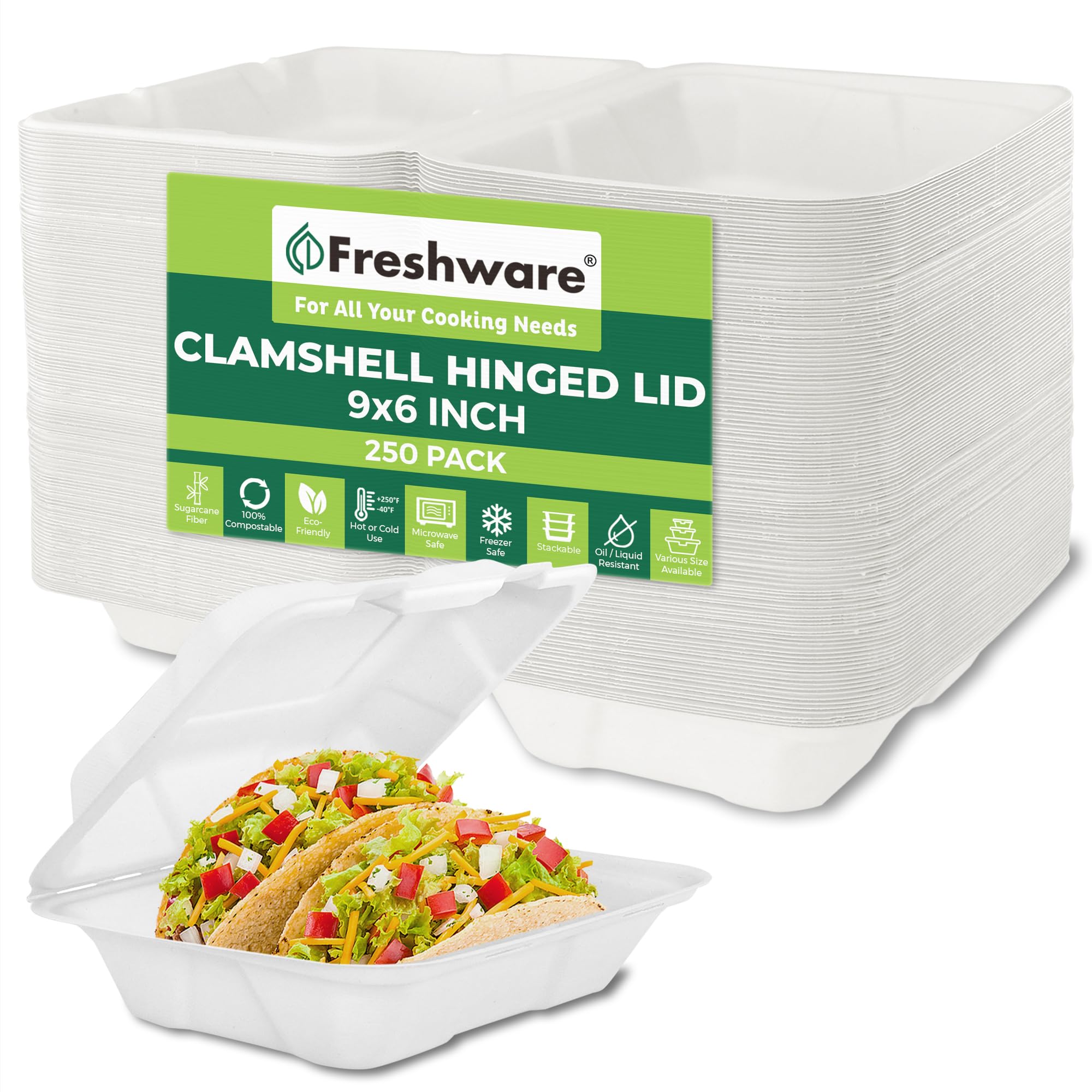 FreshwareCompostable Clamshell Food Containers [9x6" 250-Pack] Disposable To Go Containers, Biodegradable Sugarcane To Go Boxes - Heavy Duty Paper Containers - Microwave & Freezer Safe, Stackable