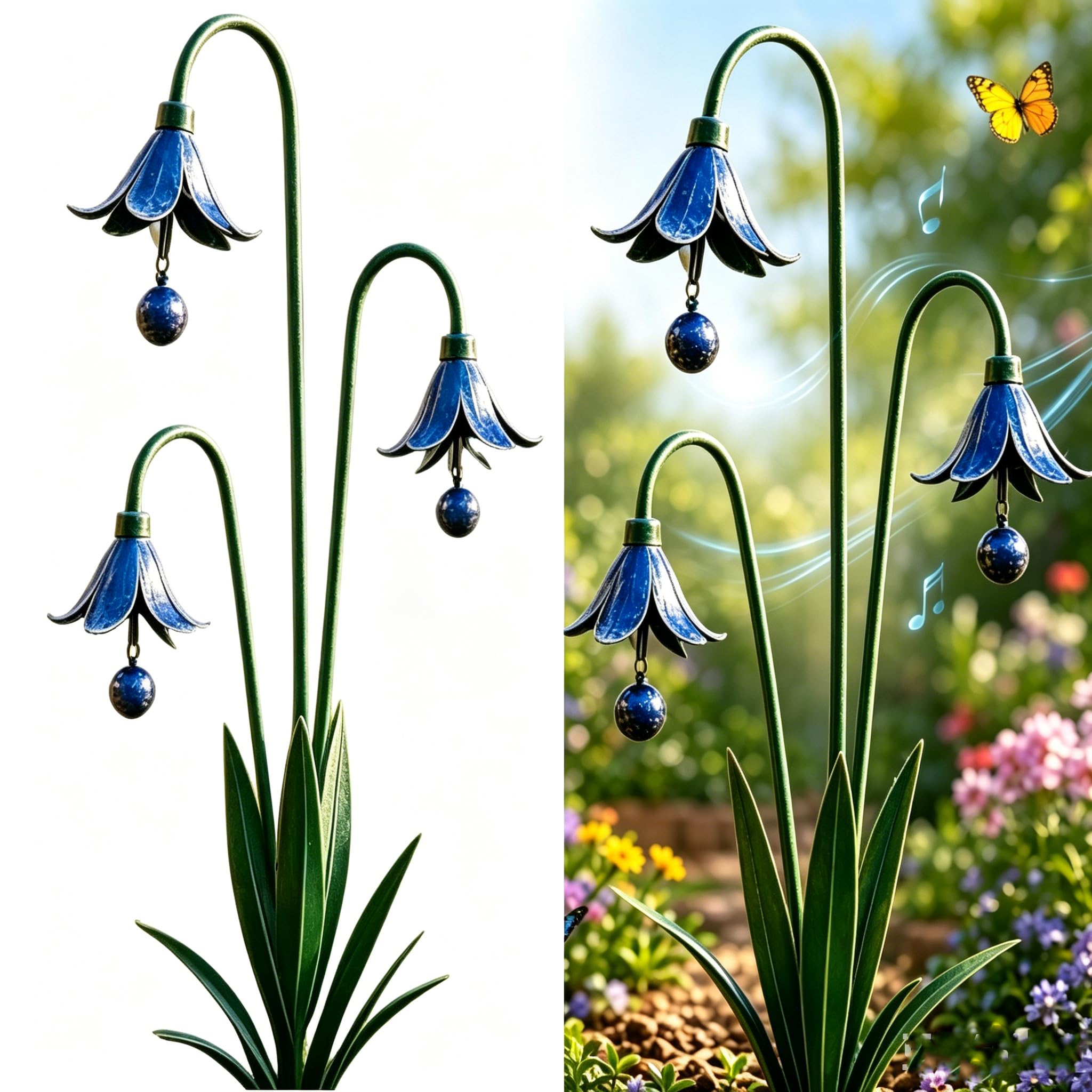 Triple Bluebells Garden Stake with Bell, 2026 New Handmade Metal Flower Flamed Copper Bird Bath, Bee Watering Station, Vintage Rustic Decorative Yard Art for Lawn, Flower Bed, Patio & Pathway (1 pcs)