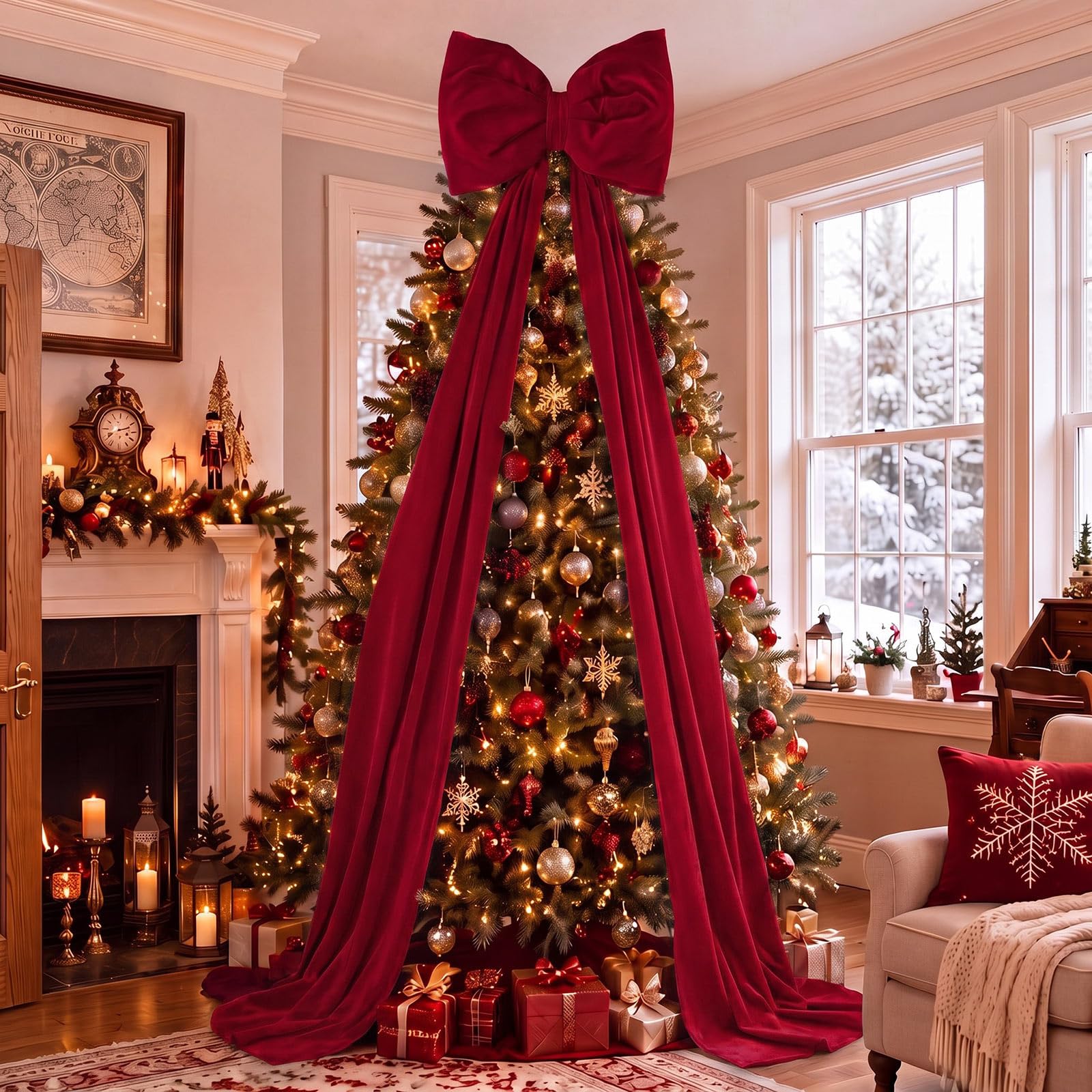 Tigeen Extra große Weihnachtstürschleife, Samt-Türrahmen-Schleife mit langen Luftschlangen, gefüllte Weihnachtsbaumspitze, Dekoration für Tür, Baum, Kranz, Kaminsims, Hochzeit, Urlaubsparty