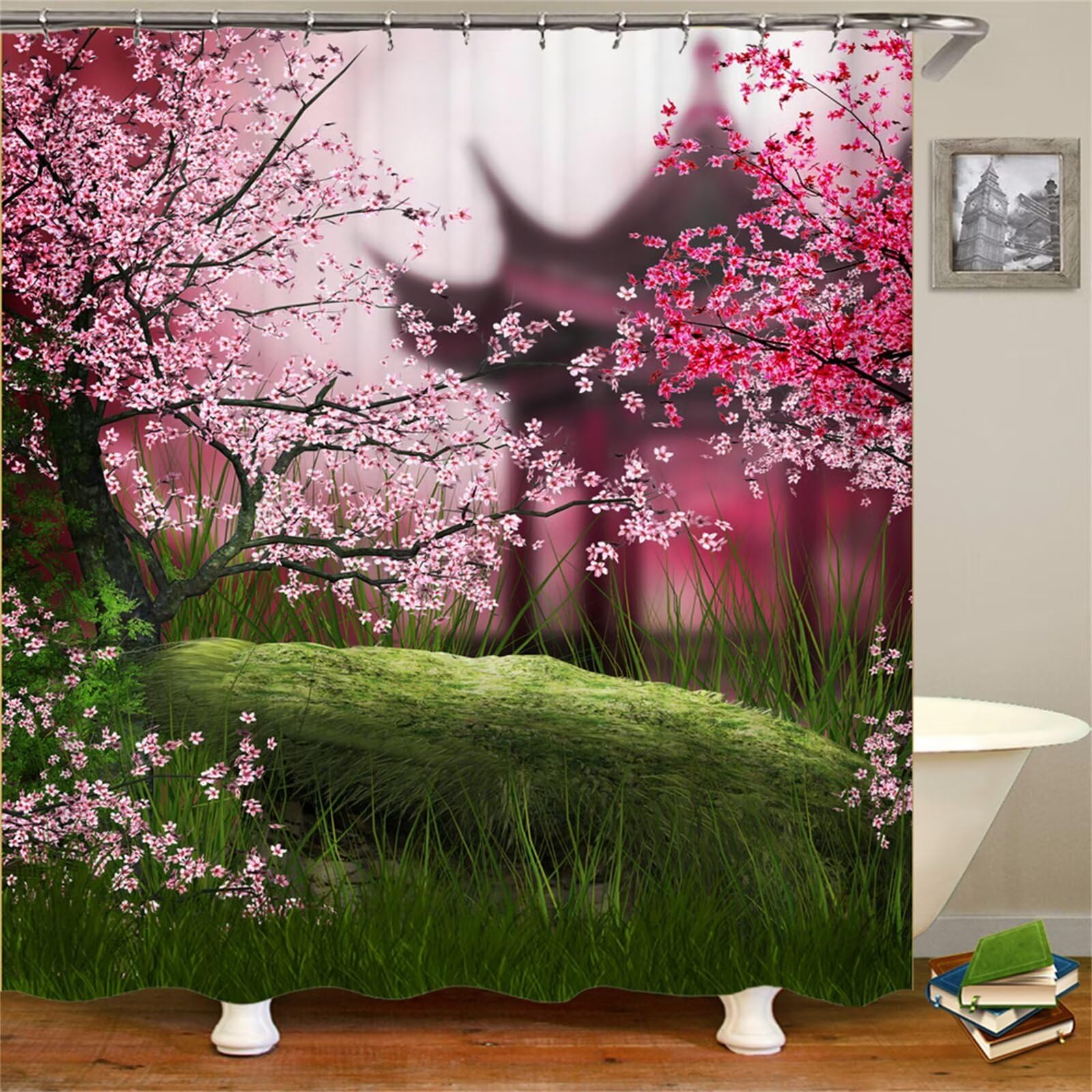 Duschvorhang Anti-Schimmel 200x220cm Rosa Pflaume Duschvorhäng Waschbar Textil Bad Vorhang,3D Shower Curtains Polyester Antibakteriell Stoff,Badewanne Duschvorhang mit 12 Duschvorhängeringen