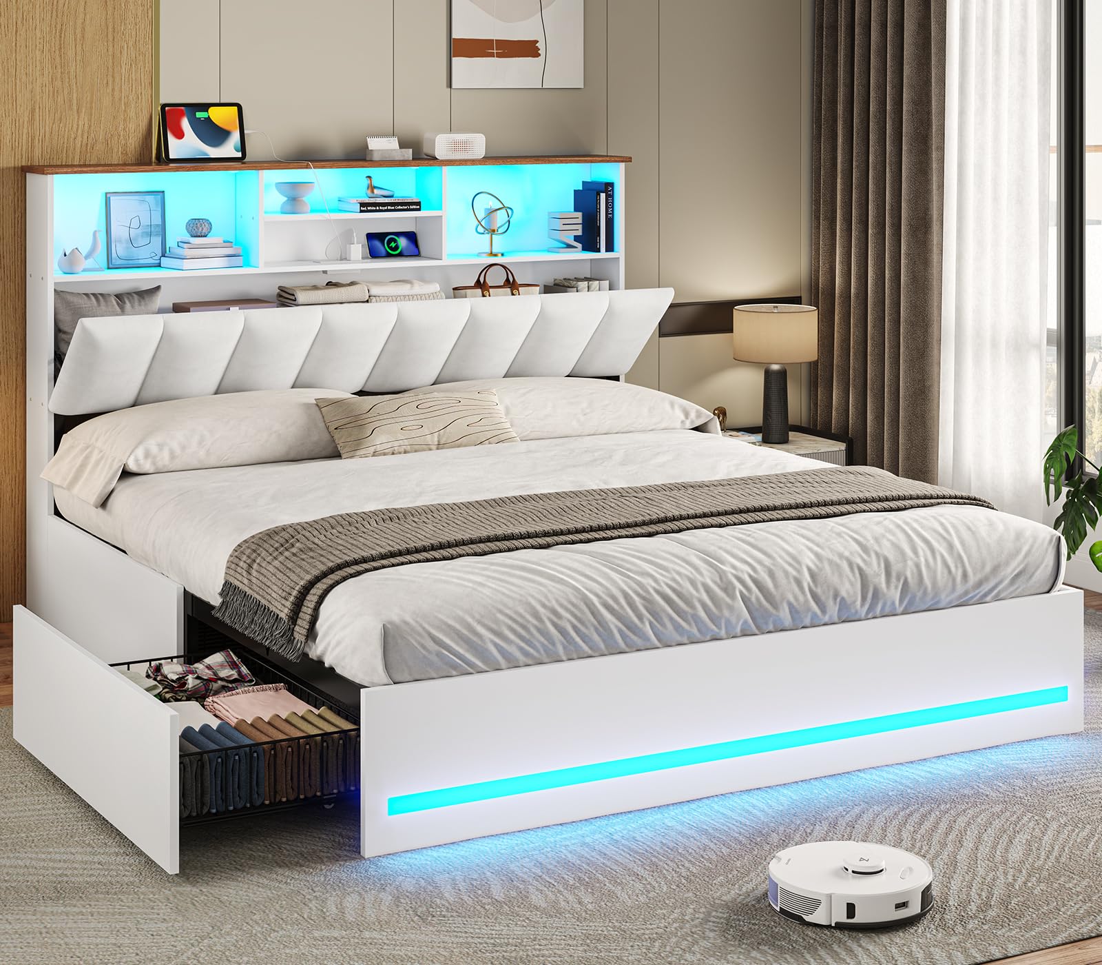 VIAGDO Queen Bed Frame with Bookcase Headboard, Wooden Bed Frame Queen Size with Charging Station, 4 Storage Drawers and LED Lights, with Type-C and