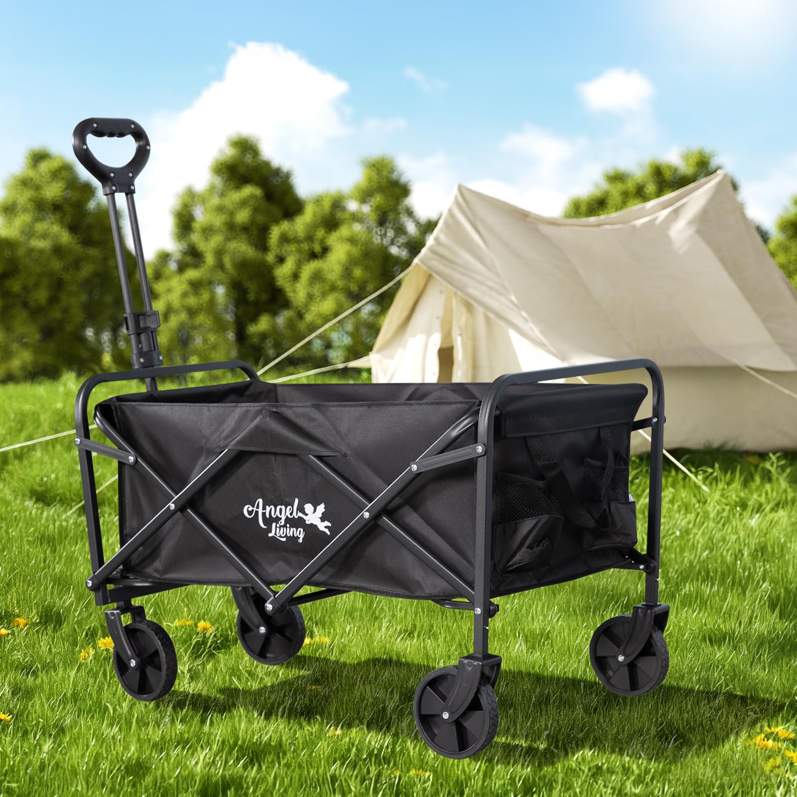 Angel Living Bollerwagen Faltbar 200L mit Tragkraft bis 100KG, Handwagen Klappbar, Faltbarer Campingwagen mit Höhenverstellbarem Griff, Leicht und Platzsparend, Stabil, 600D Oxford-Gewebe, Schwarz