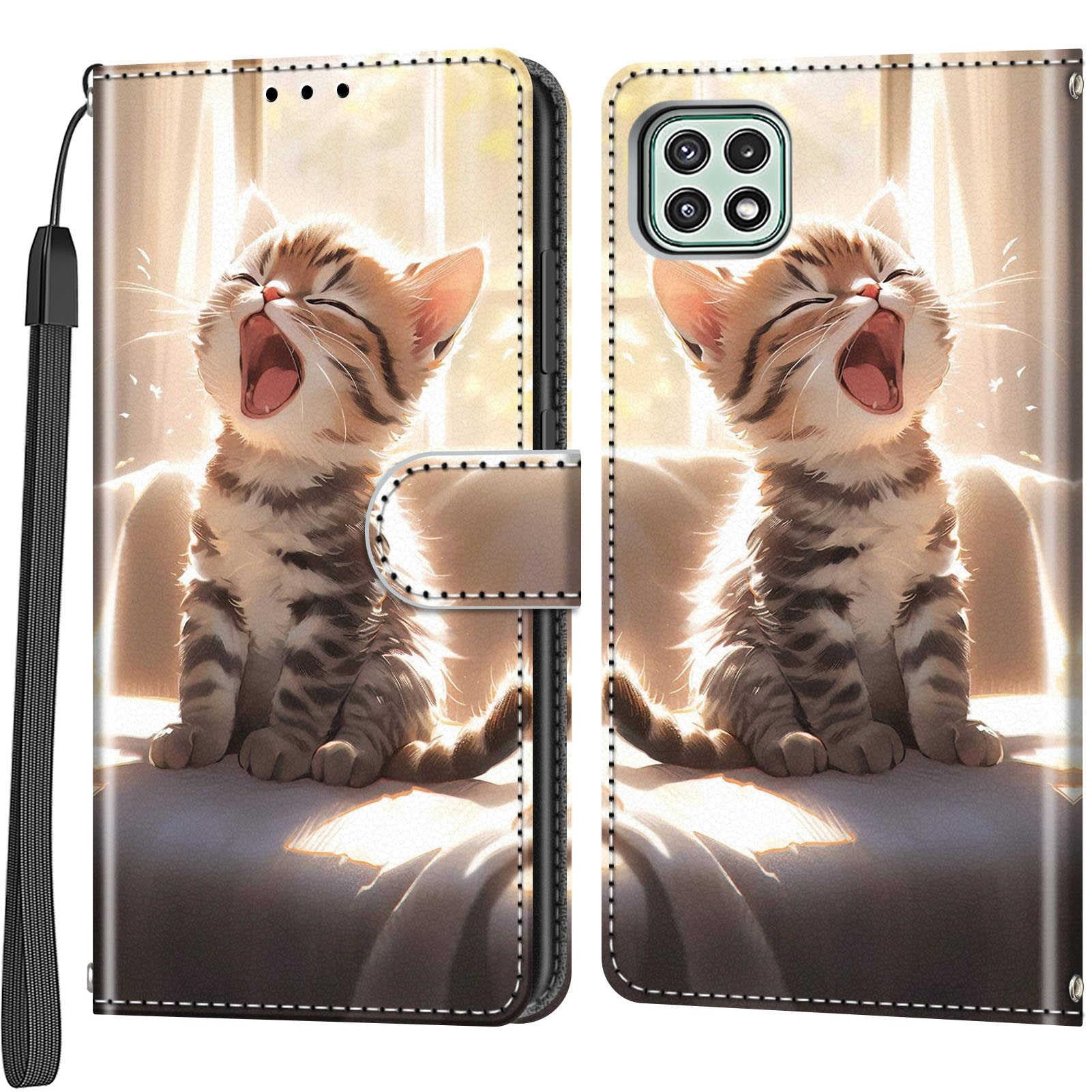 Etui do Samsung Galaxy A22 5G Portfel ze skóry PU Kot | Wysokiej jakości etui z magnetycznej skóry PU, przegródki na karty, funkcja stojaka, etui z klapką do Samsung A22