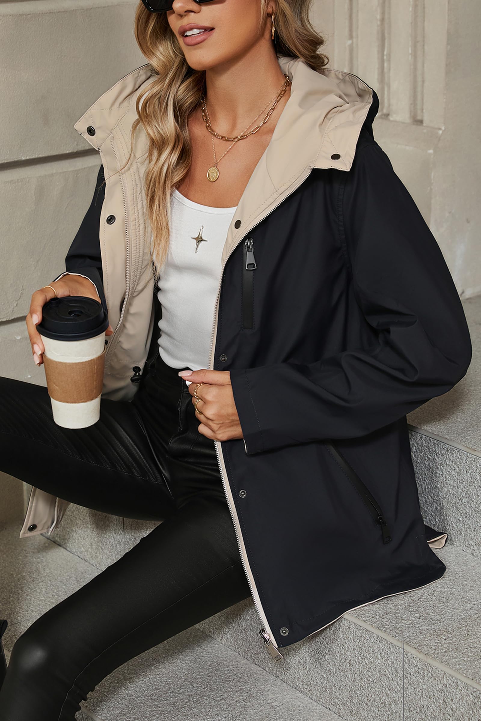 Giolshon Manteau léger coupe-vent pour femme, veste zippée à manches longues, imperméable d'extérieur avec capuche