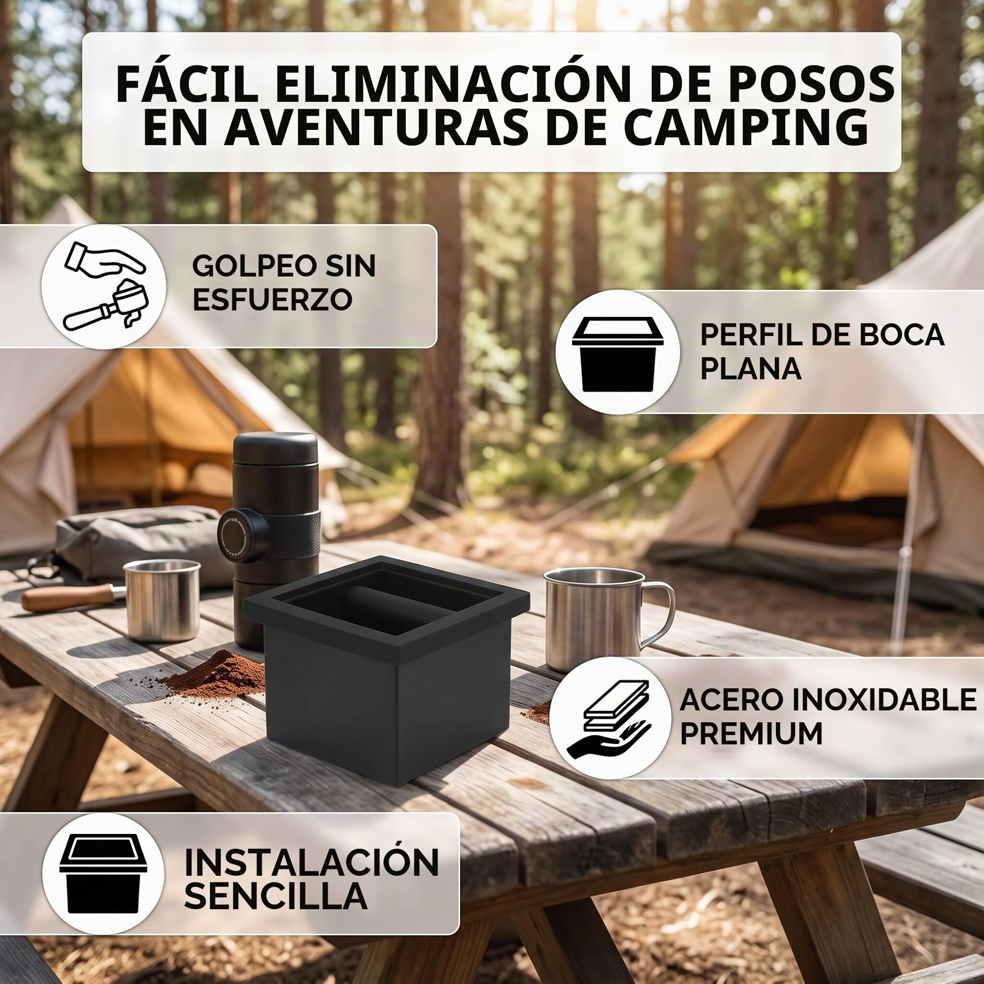 Caja para Café, Acero Inoxidable Caja para Café Molido Caja para Café Empotrada Aparatos de Café Cubo Pequeño para Café Molido con Palanca de Golpe Extraíble Y Base Antideslizante