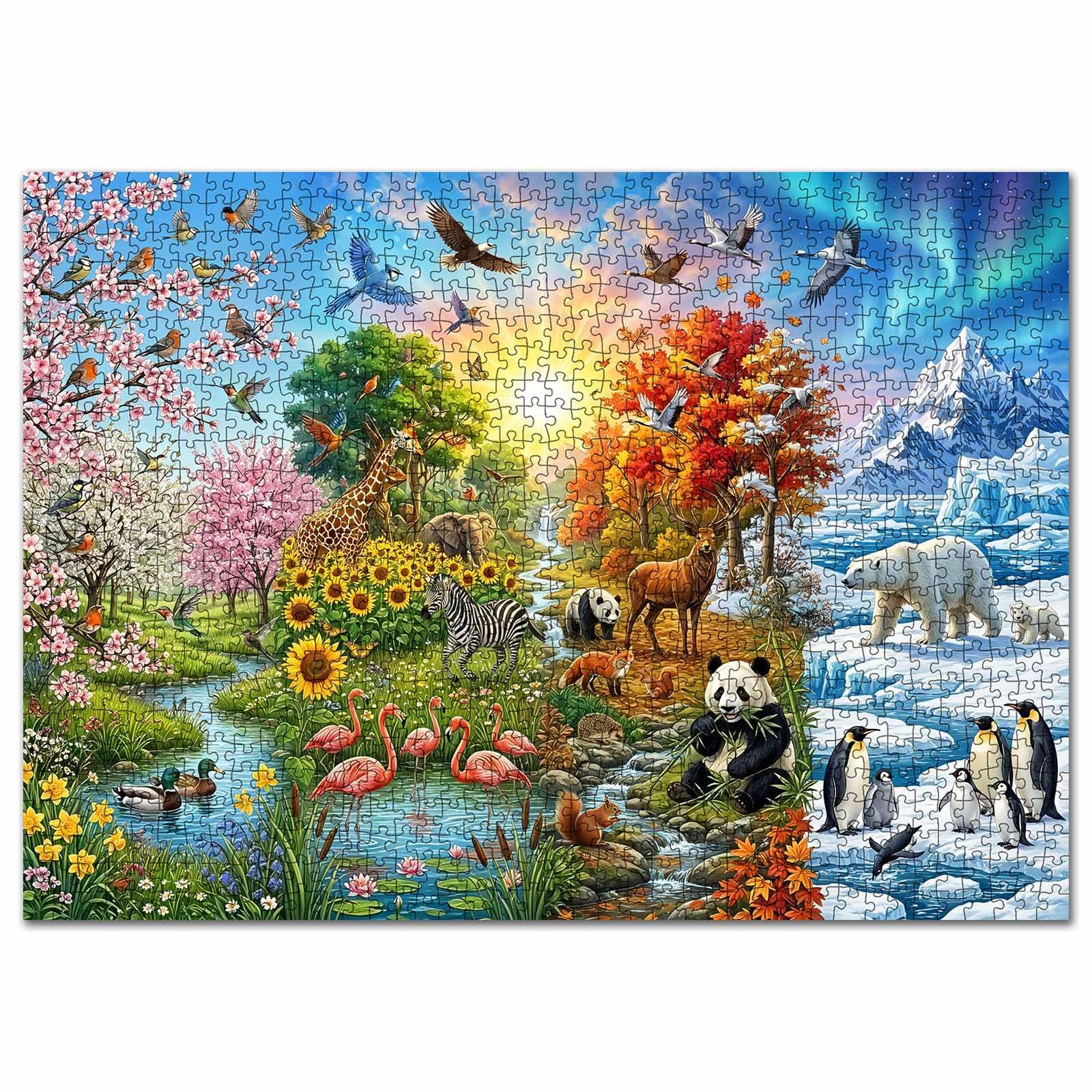 Four Seasons Wildlife Jigsaw Puzzles 1000 Pieces for Adults, Families(Polar Bears，Giraffes，Flamingos，Sunflowers，Deer) Pieces Fit Together Perfectly 19.7''x27.6''Gift for Nature Animals Puzzle Art