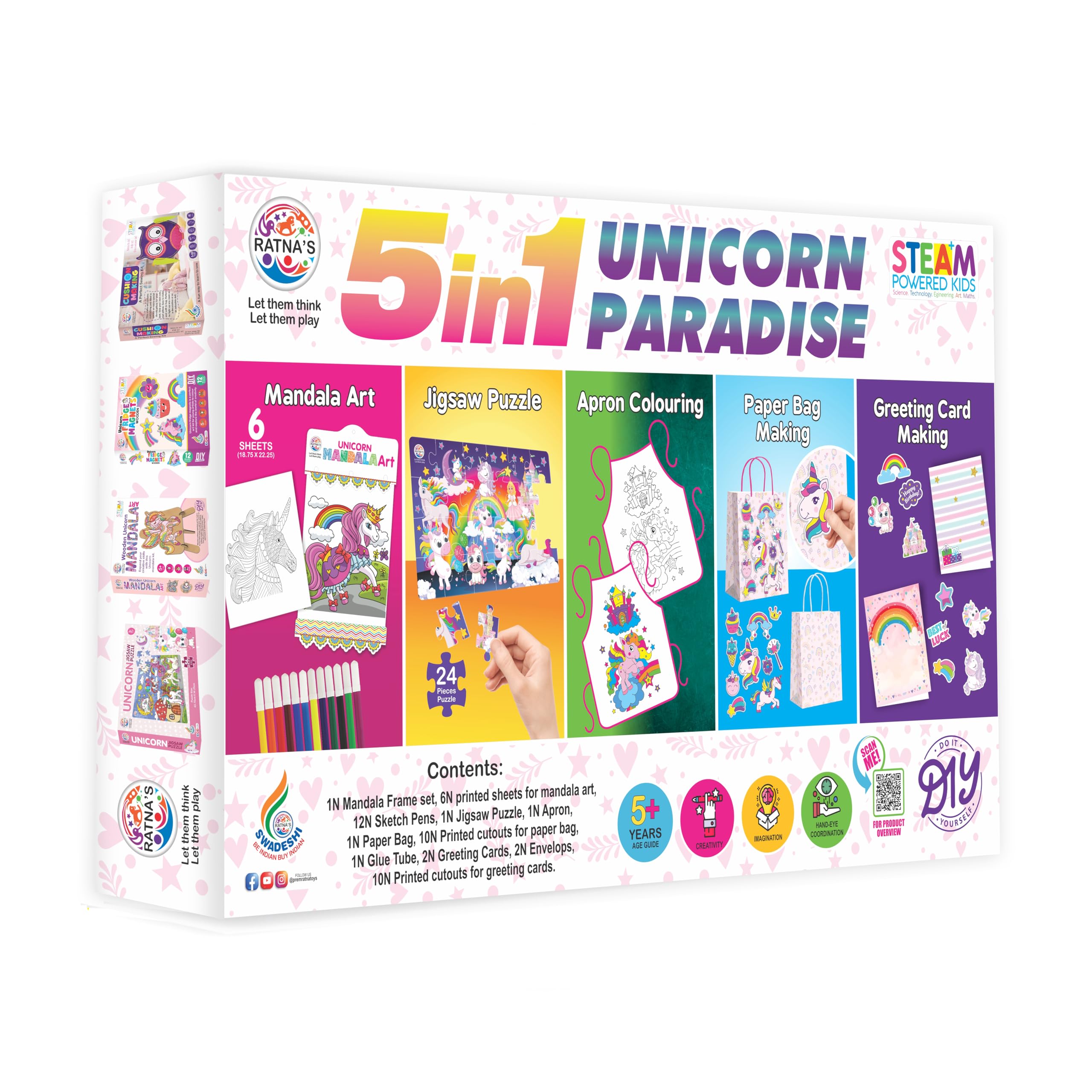 RATNAS 5 in 1 Unicorn Paradise Kit with Activities Like Mandala Art, Jigsaw Puzzle, Apron Colouring, Paper Bag Making & Greeting Card Making Art & Craft Creative Kit for Kids 5+ Years (B0CJ35JQ6G) Amazon Price History, Amazon Price Tracker