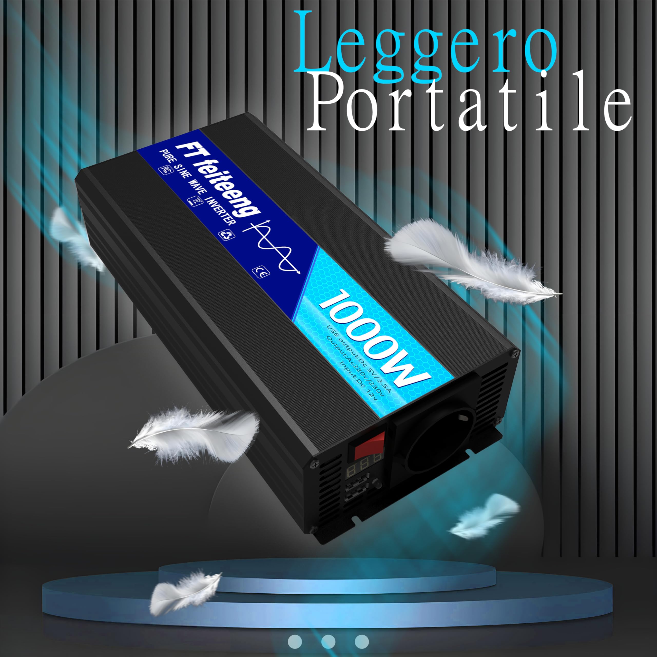 1000W inverter 12v 220v onda pura con 1 presa UE e 2 caricatori USB trasformatore 12v 220v di corrente 2000 W (picco) per auto, roulotte, barche, campeggio