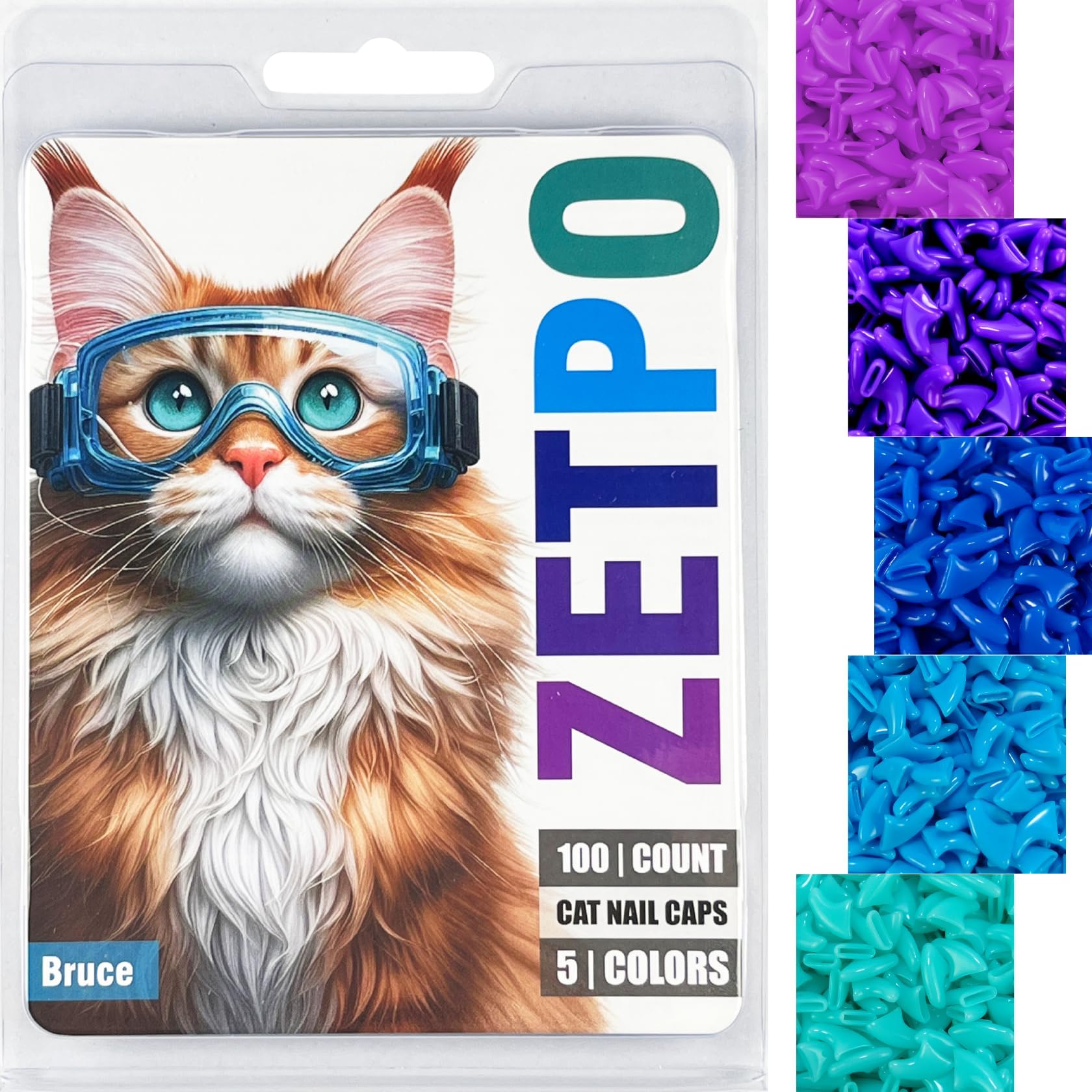 100 pcs Cat Nail Caps | Cat Claw Covers | with Adhesives and Applicators (M, Purple, Violet, Blue, Sky Blue, Turquoise)