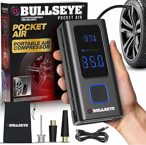 Bullseye Pro - Compresor de aire portátil para neumáticos, bolas, bicicleta con válvula Persta, apagado automático, se infla en 2 minutos,