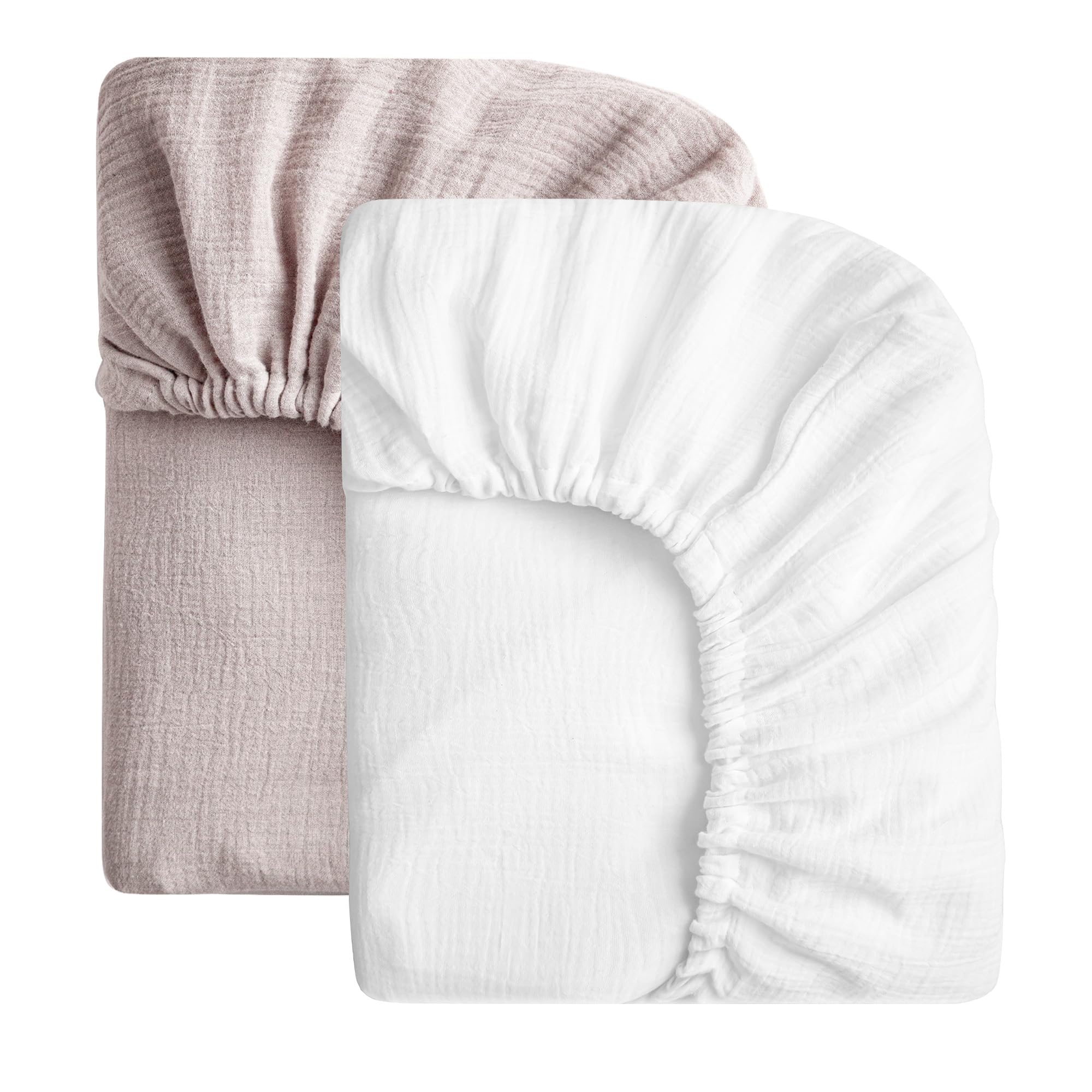SOULFUL Muslin Crib Sheets for Boys Girls, 2 Pack Soft and Breathable Cotton Fitted Crib Sheets for Standard Crib Mattress (28"x 52", White &amp; Mist Pink)