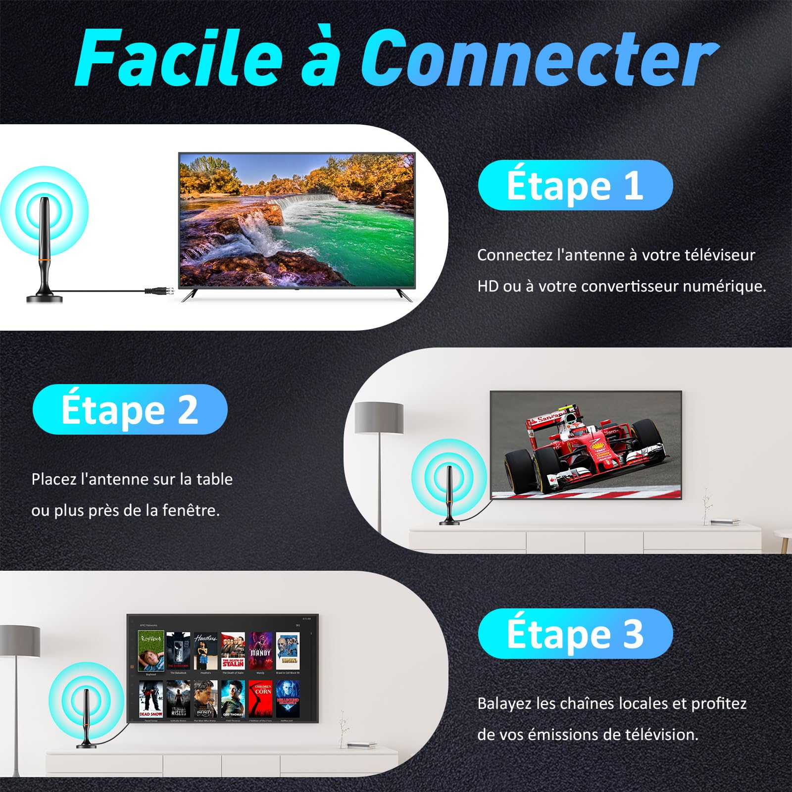 Antenna TV interna TNT HD, 2025 Più recente Antenna TV Interiore, Ricezione Lunga a 360° con Base Magnetica, Compatibile con Portatile 4K 1080P e Tutti I TV
