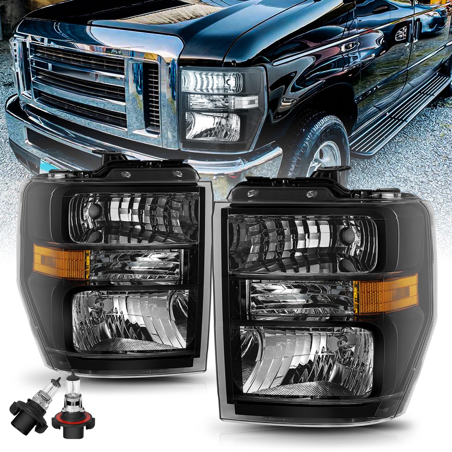 VehicleAidHalogen Aero Style Headlight Assembly Set Compatible with 2008-2014 Ford E150 E250 / 2008-2021 E350 E450 Super Duty 16-21 F650 F750 LH+RH (Black Housing) Bulbs Included