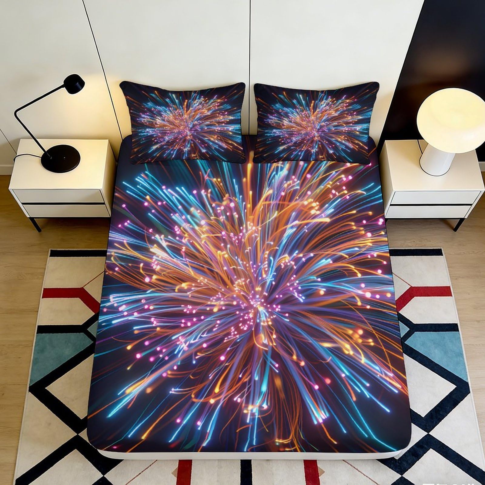 Rqzkjxnhpf Style-7 3D Printed Fireworks Fitted Sheet Microfiber Deep Pocket Non-Slip Bedding Set Fireworks Mattress Fitted Cover Washable For Bedroom 200X200x25cm 90X200x25cm
